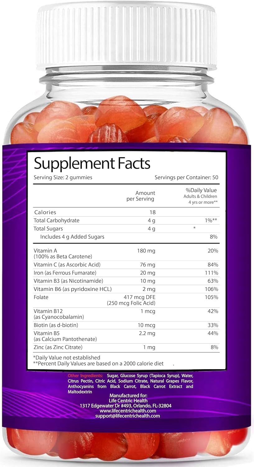 LifeCentricHealth Iron Gummies | Biotin Zinc Vitamin B Folic Acid Gummies | Vegan Gluten Free for Women & Men - Image 3