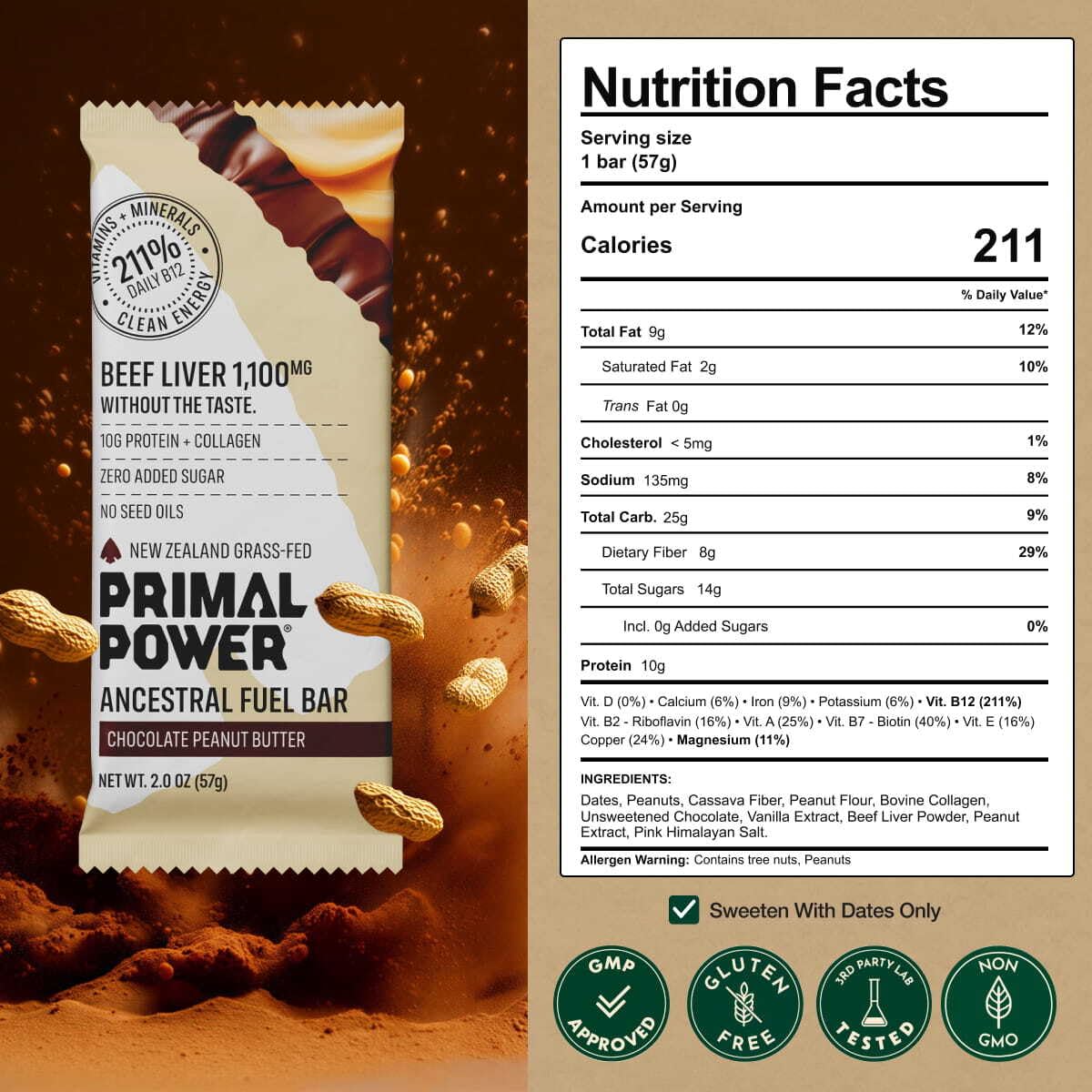 Primal Power Beef Liver Bar 1100mg - New Zealand Grass-Fed, 211% DV B12, 10g Protein Collagen - Zero Added Sugar, No Seed Oils, Gluten Free - Chocolate Peanut Butter (12 Pack) - Image 2