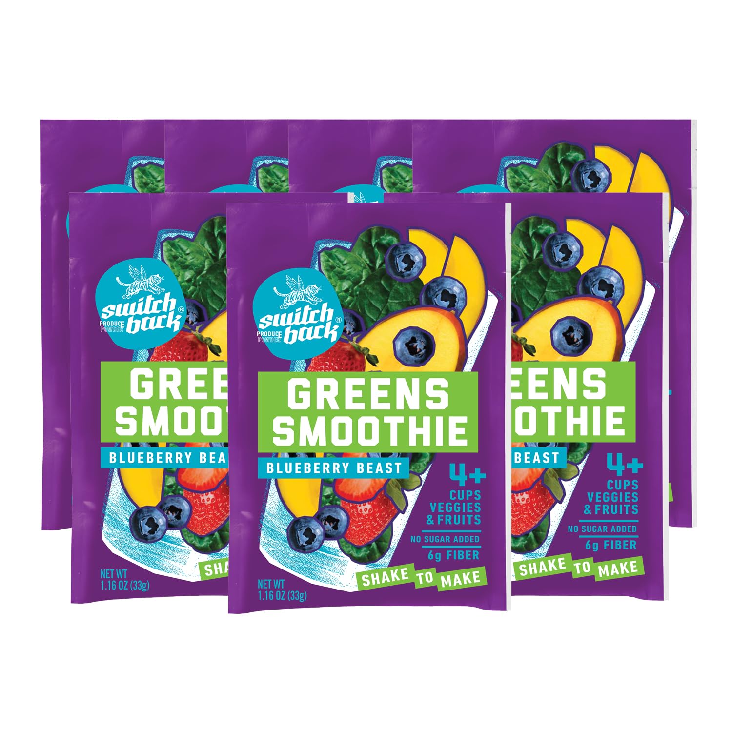 Switchback Smoothie Mix - Blueberry Beast - Banana-Free Freeze-Dried Fruit & Veggie Powder Drink - No Blender Needed - Vegan, Gluten-Free, No Added Sugar - Whole-Food Nutrition - Just Shake & Go (7 Pack)