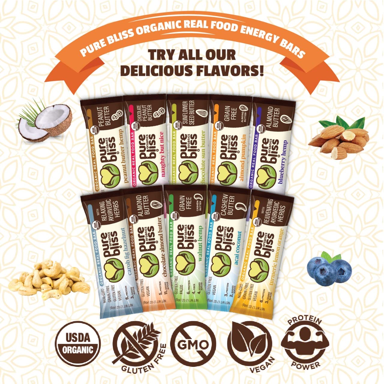 Organic Real Food Bar (Chocolate Peanut Butter) Non-GMO, Gluten Free, Vegan, Nutrition Bars, Energy Bars, Super Food Simple Ingredients, Best Tasting, Healthy Snack, Breakfast Bars, Dairy Free, Soy Free, Pure Bliss Organics (1.7 oz bar, 12-Pack Case) - Image 6