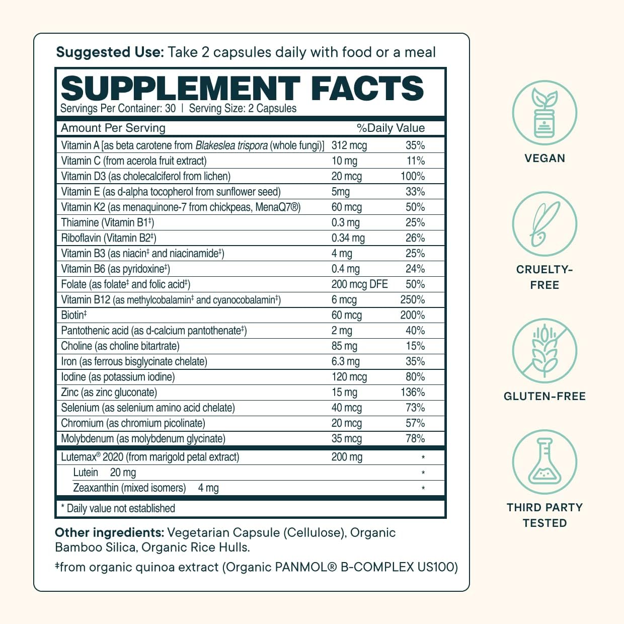 Ora Organic Plant Based Multivitamin for Women and Men, Bluelight Protection - Brain, Eye, Energy, Immune, Skin, Hair, Heart, and Bone Health Support, 60 Vegan Capsules - Image 3
