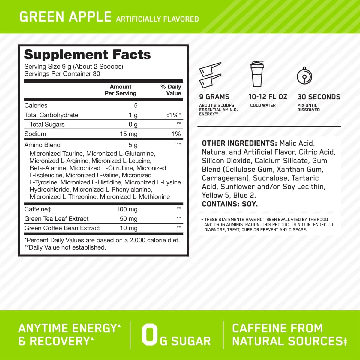 Optimum Nutrition Amino Energy - Pre Workout with Green Tea, BCAA, Amino Acids, Keto Friendly, Green Coffee Extract, Energy Powder - Green Apple, 30 Servings (Packaging May Vary) - Image 3