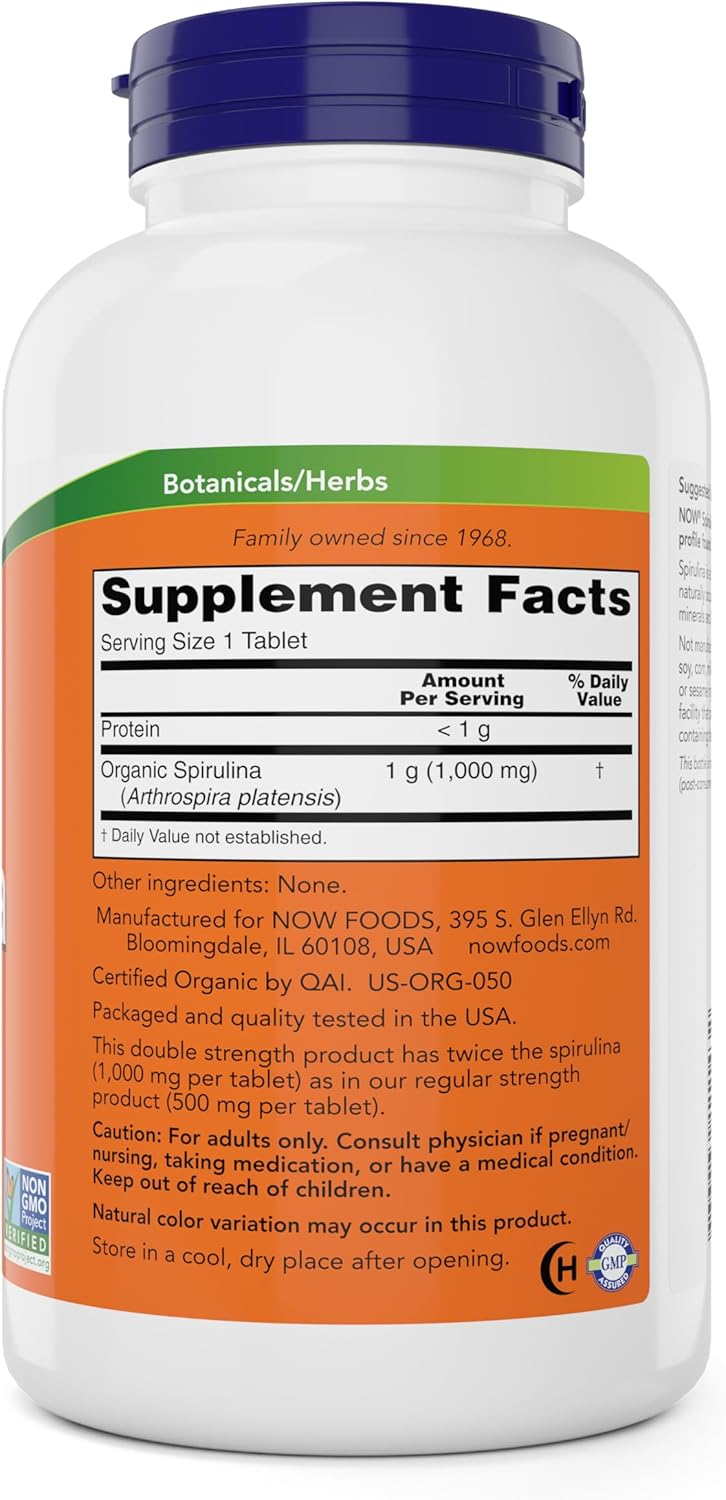 NOW Foods Organic Spirulina 1000mg Tablets - 300 Count - Non-GMO, Super Green Whole Food Supplement - Double Strength - Image 2