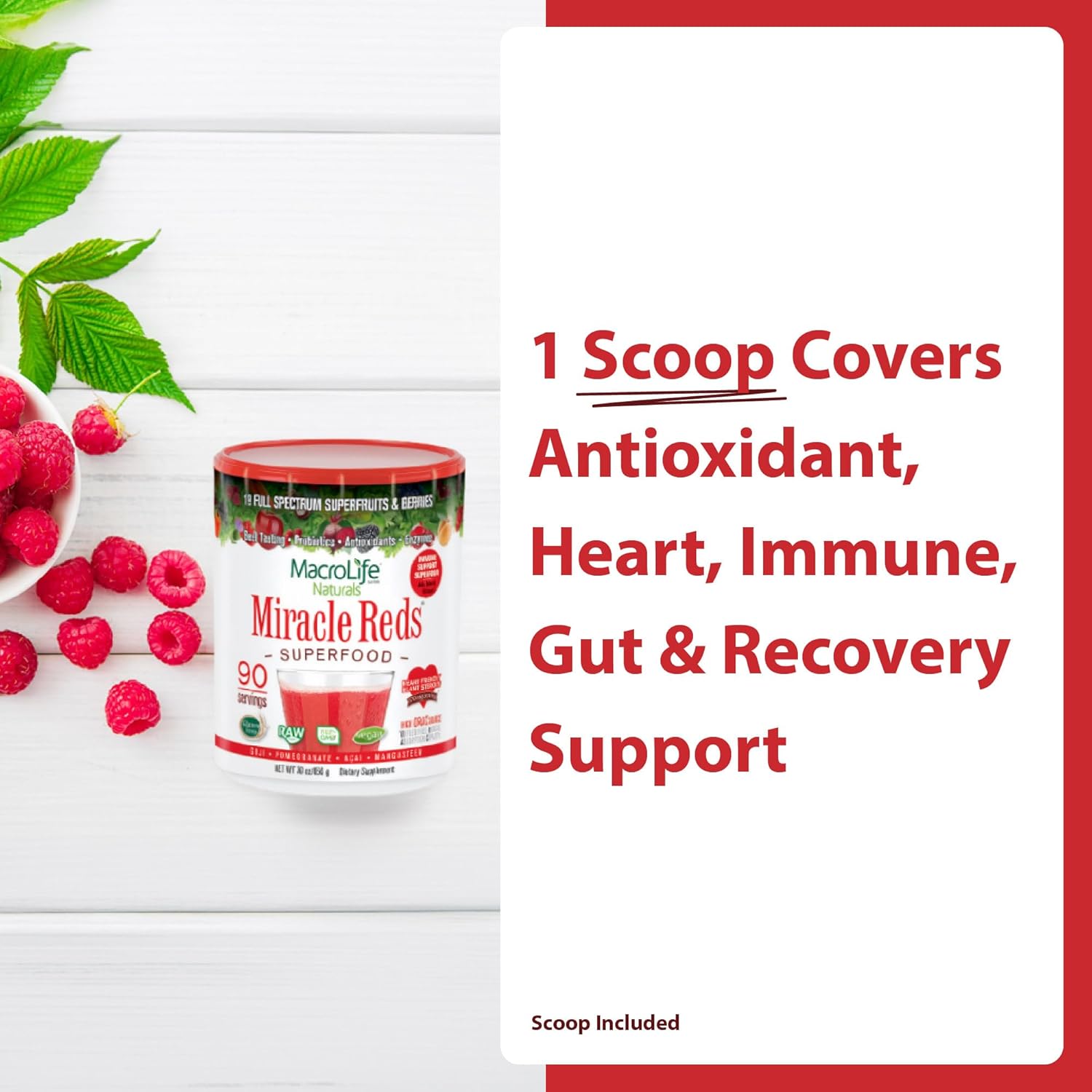 MacroLife Naturals Miracle Reds Superfood Powder 19 Blended Fruit & Berry Polyphenols Enzymes Probiotics & Antioxidants Supplement - Raw Non-GMO & Vegan Whole Food Vitamins - 30oz - 90 Servings - Image 3