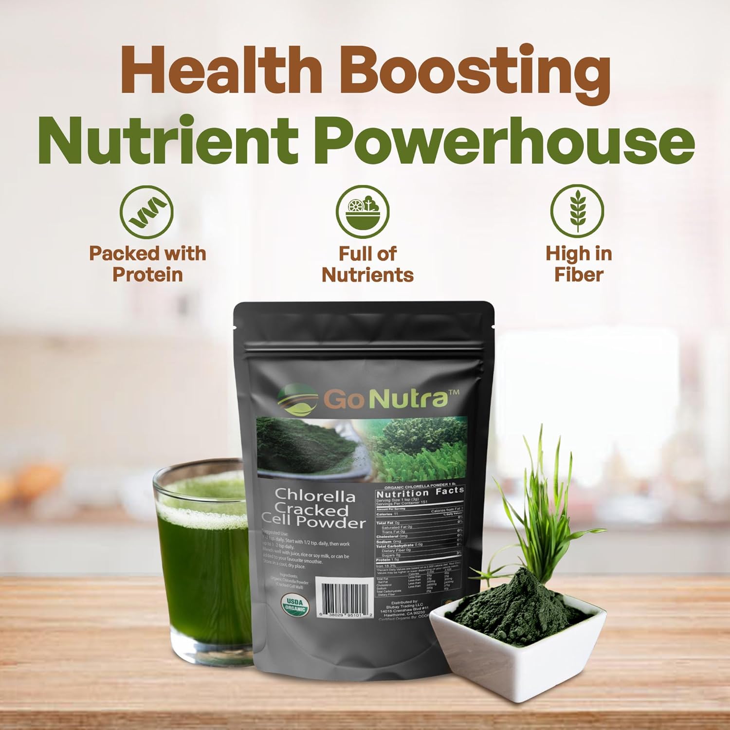 Go Nutra - Chlorella Powder, Pure Greens Powder with Vitamins, Minerals, and Antioxidants, All Natural Greens Superfood Powder, Chlorella Cracked Cell Green Powder, Non-GMO, Vegan, 16 oz - Image 2