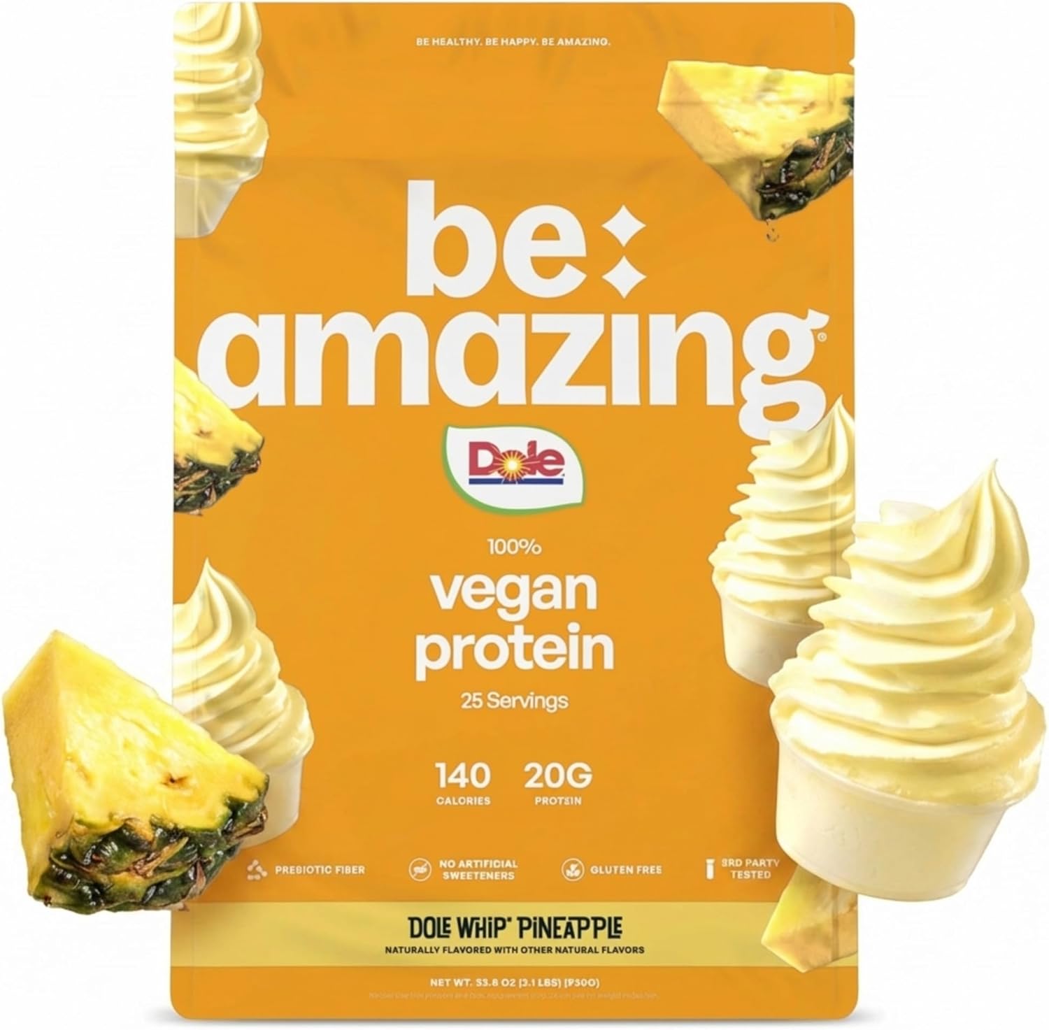 BE AMAZING Vegan Protein Powder, Dole Whip Pineapple, 20g Plant Based Protein with Prebiotic Fiber, Low Carb, Dairy and Gluten Free Shake Mix, No Added Sugar, 29.3 oz, 25 Servings