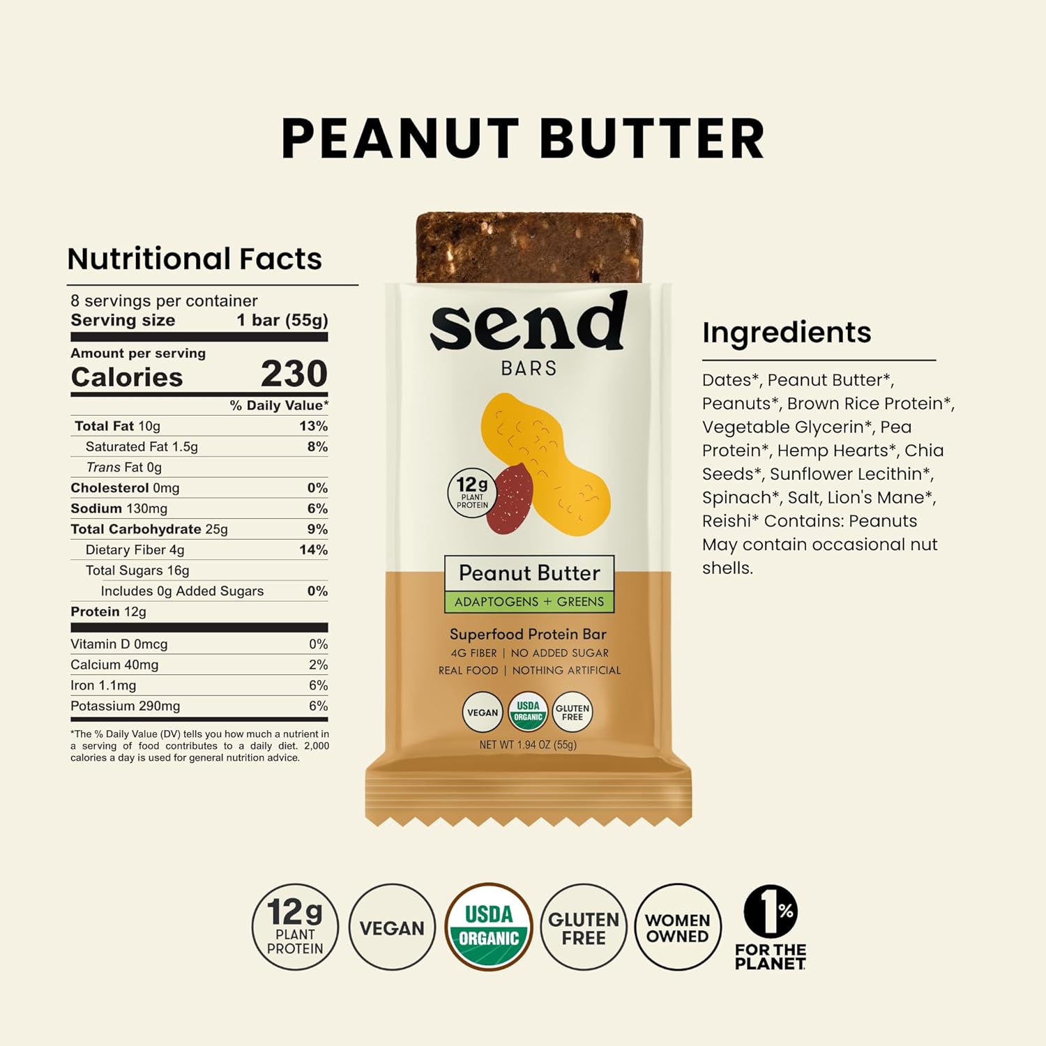 SEND Bars Organic Plant Based, Vegan, Healthy Protein Bars with Greens (Organic Peanut Butter, 8 Bars) – Only Real Food Ingredients, No Added Sugar, Gluten Free, Dairy Free, Non-GMO, Healthy Snacks - Image 2
