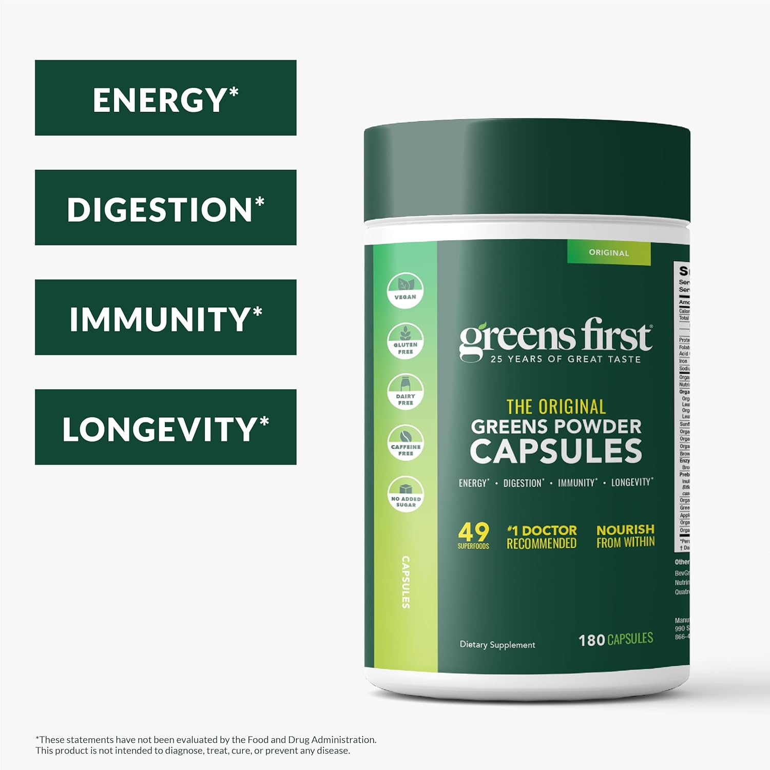 Greens First Phytonutrient Capsules - 49 Antioxidant-Rich Superfoods with Organic Fruits & Veggies, Prebiotics, Probiotics, and Digestive Enzymes - 180 Capsules - Image 2