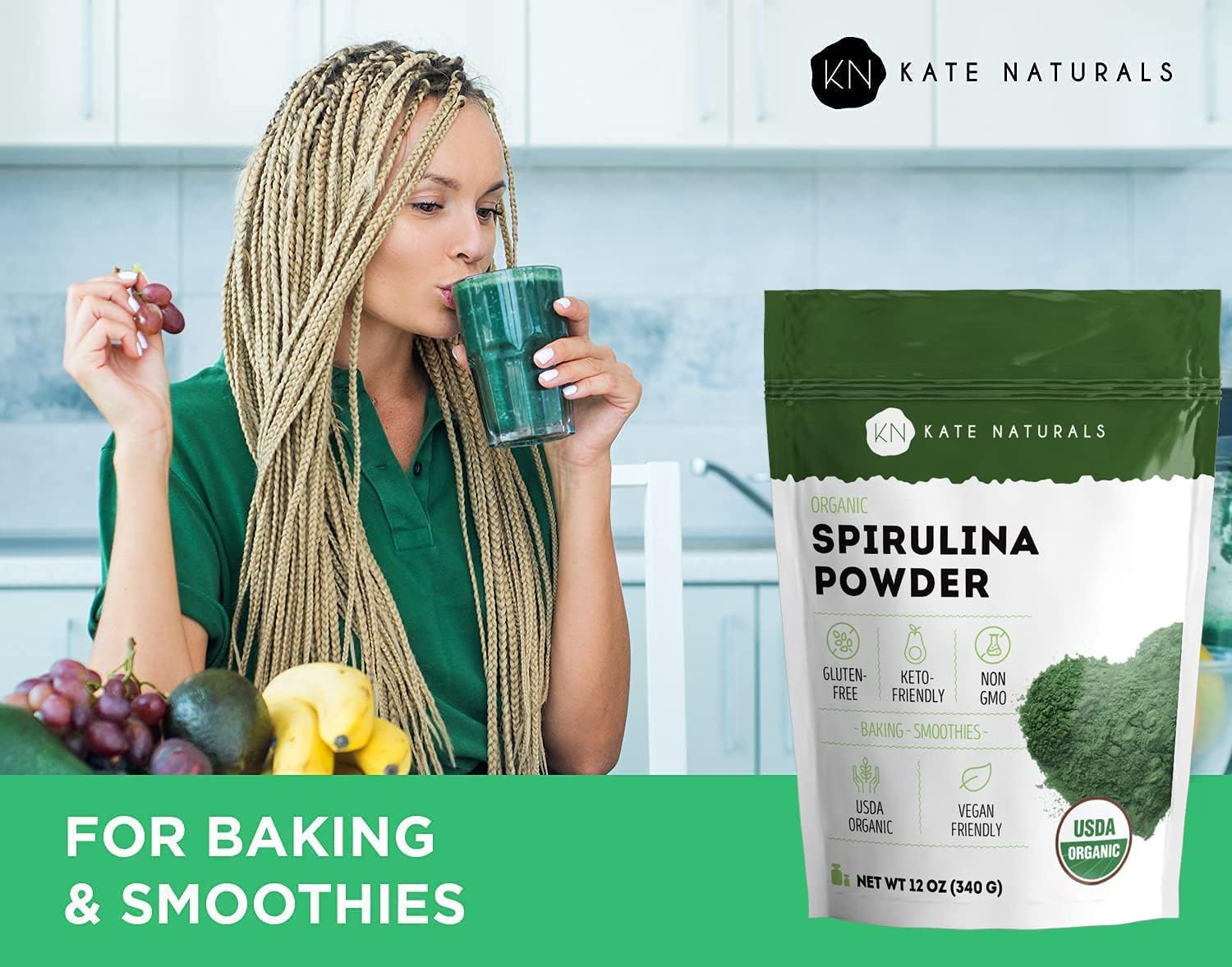 Kate Naturals Organic Spirulina Powder. Nutrient Dense Superfood Supplement (12 oz, USDA Certified, Non-GMO, Gluten- Free) - Image 3