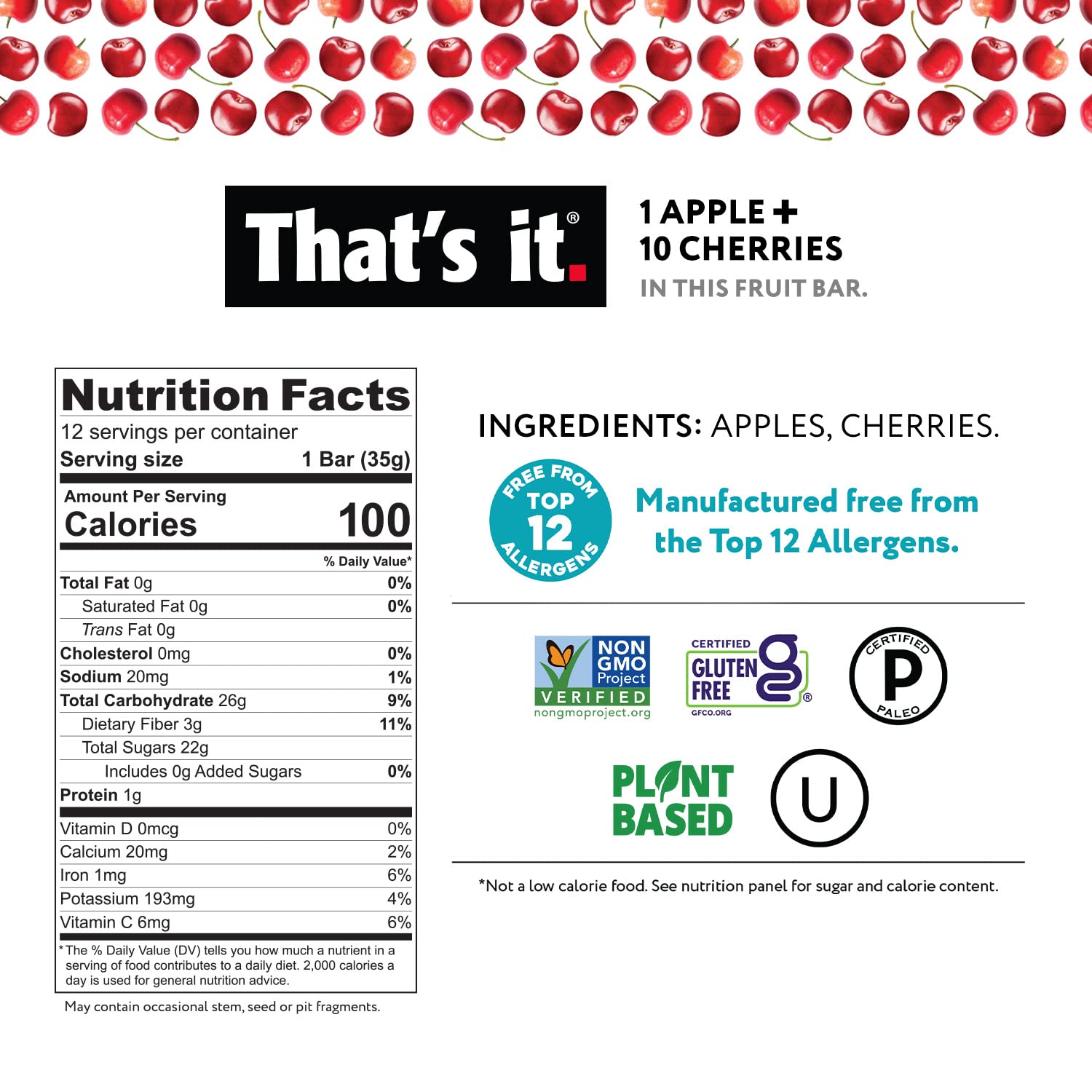 That's it. Apple + Cherry 100% Natural Real Fruit Bar, Best High Fiber Vegan, Gluten Free Healthy Snack, Paleo for Children & Adults, Non GMO No Sugar Added, No Preservatives Energy Food (12 Pack) - Image 2