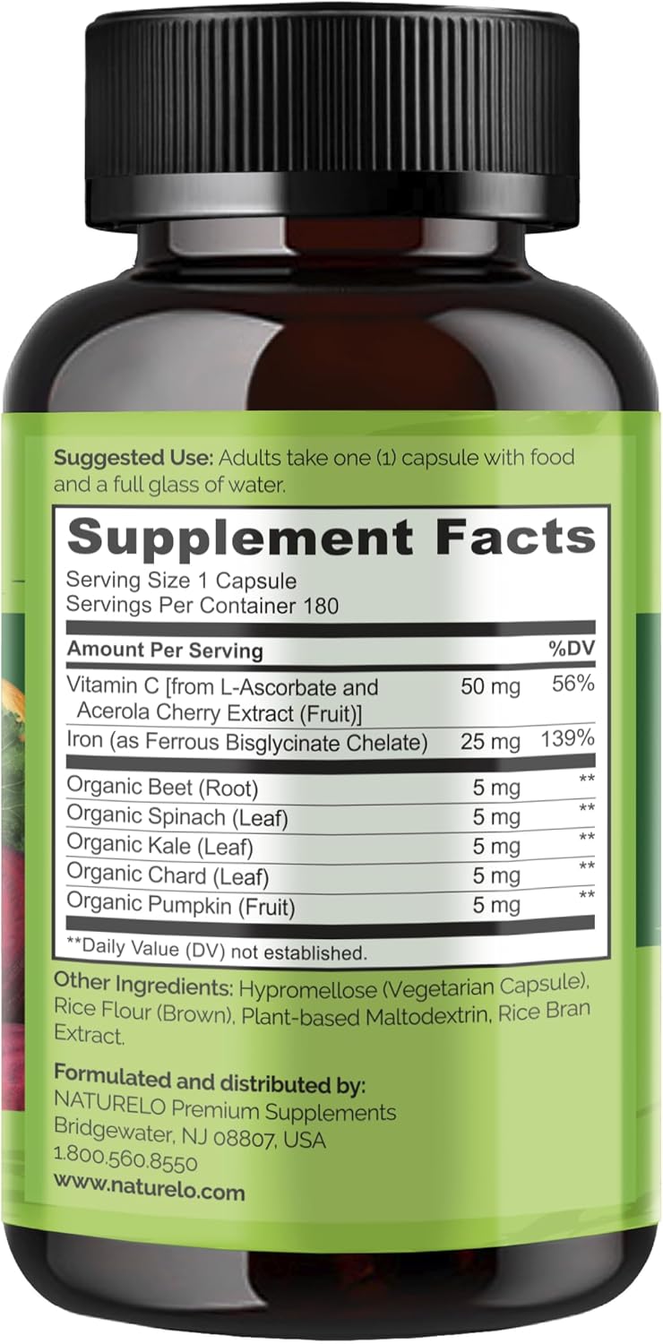 NATURELO Vegan Iron Supplement with Vitamin C and Organic Whole Foods - Gentle Iron Pills for Women & Men with Iron Deficiency Including Pregnancy, Anemia and Vegan Diets - 180 Mini Capsules - Image 7