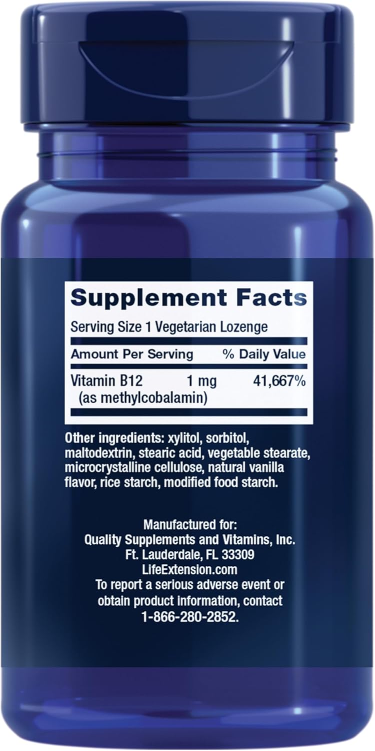 Life Extension Vitamin B12 Methylcobalamin, Nerve Health Supplement, Cognitive Support, Energy Vitamin, methylcobalamin B12, 1 mg, Quick-Dissolving, Vegetarian, 60 lozenges - Image 2