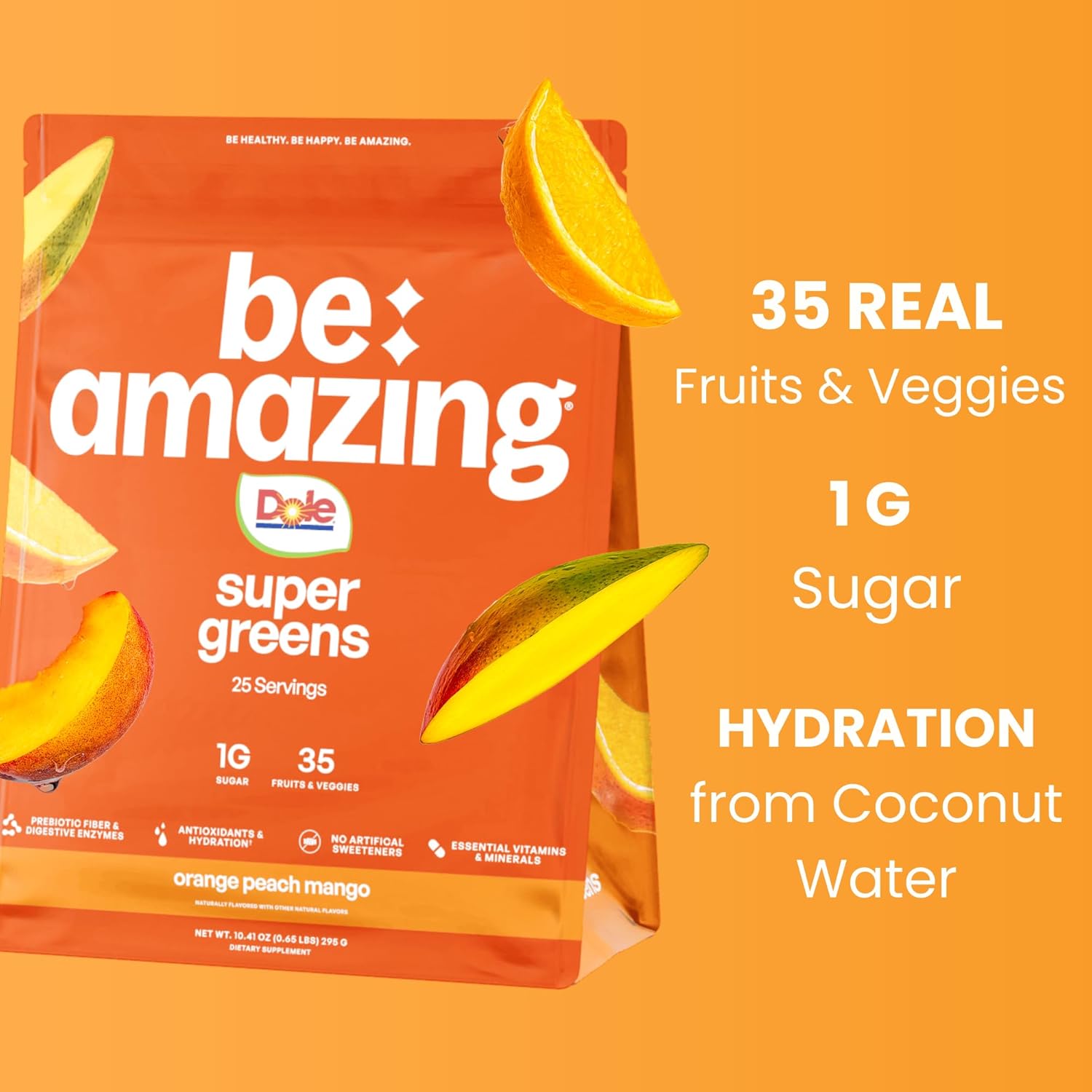BE AMAZING Super Greens Powder with Prebiotics, Digestive Enzymes & Antioxidants, 35 Fruits & Veggies, Electrolytes & Fiber, Vegan, Gluten Free Juice & Smoothie Mix, Dole Orange Peach Mango, 25 Serv - Image 2