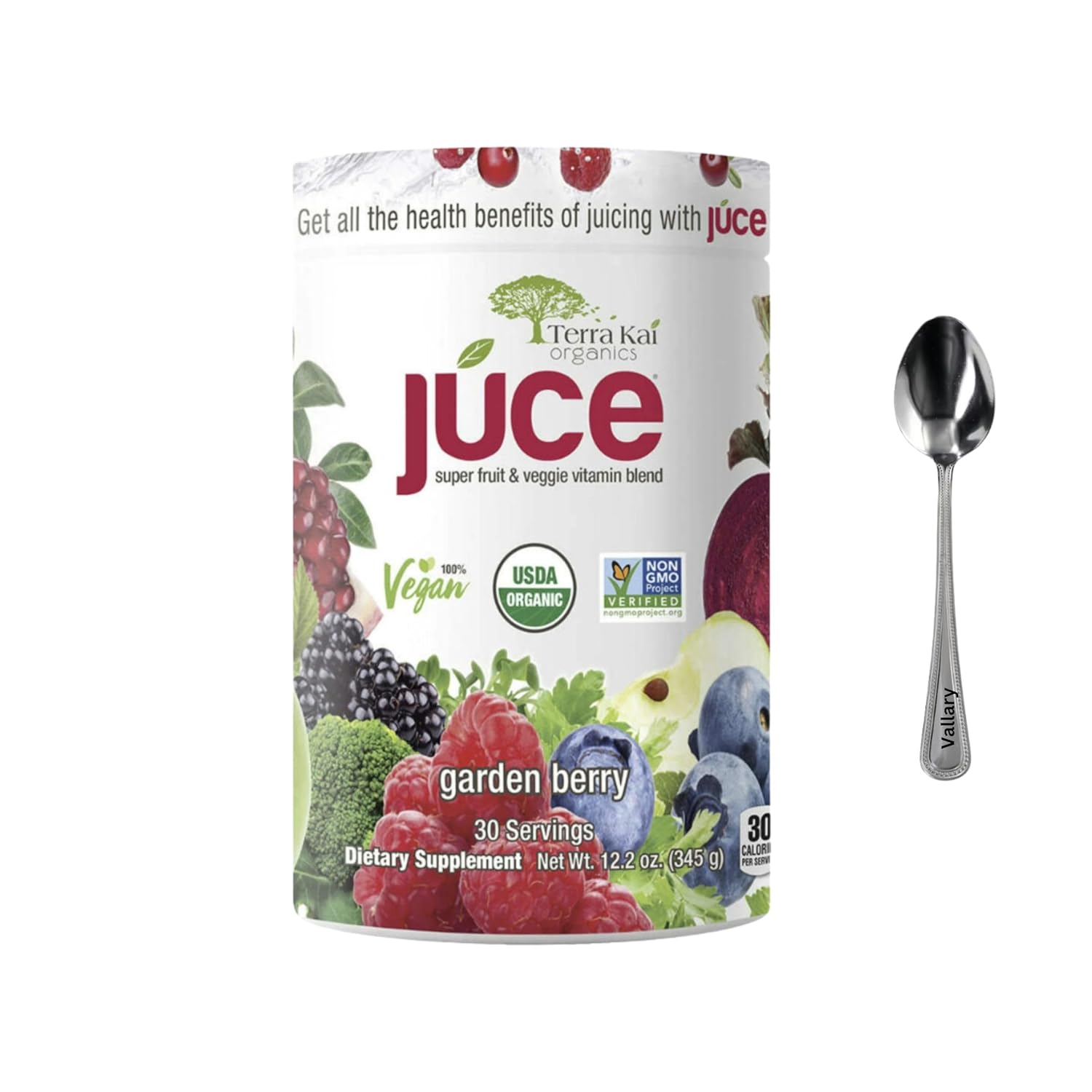 Terra-Kai Organics Juce Super Fruit and Veggie Blend Drink, 12.2-Ounce Garden Berry, 30 Servings, Greens Powder, Juce, Green Juice Powder, Super Food, Greens Drink, Juce Terra Kai (Pack 1) bundle with Vallary Spoon.