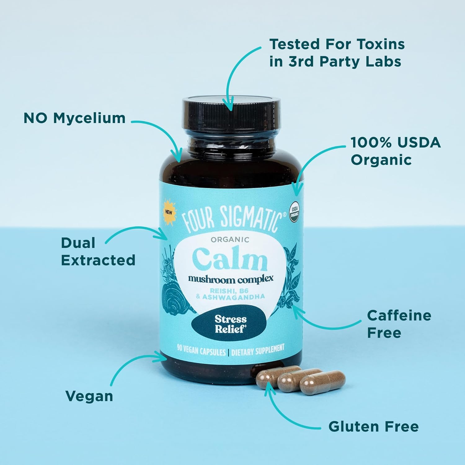 Four Sigmatic Calm Capsules | Vegan Stress Relief Supplement to Promote Positive Mood with Organic Ashwagandha Powder, Organic Reishi Mushroom, Tulsi (Holy Basil Extract), Vitamin B6 | 30 Servings - Image 4