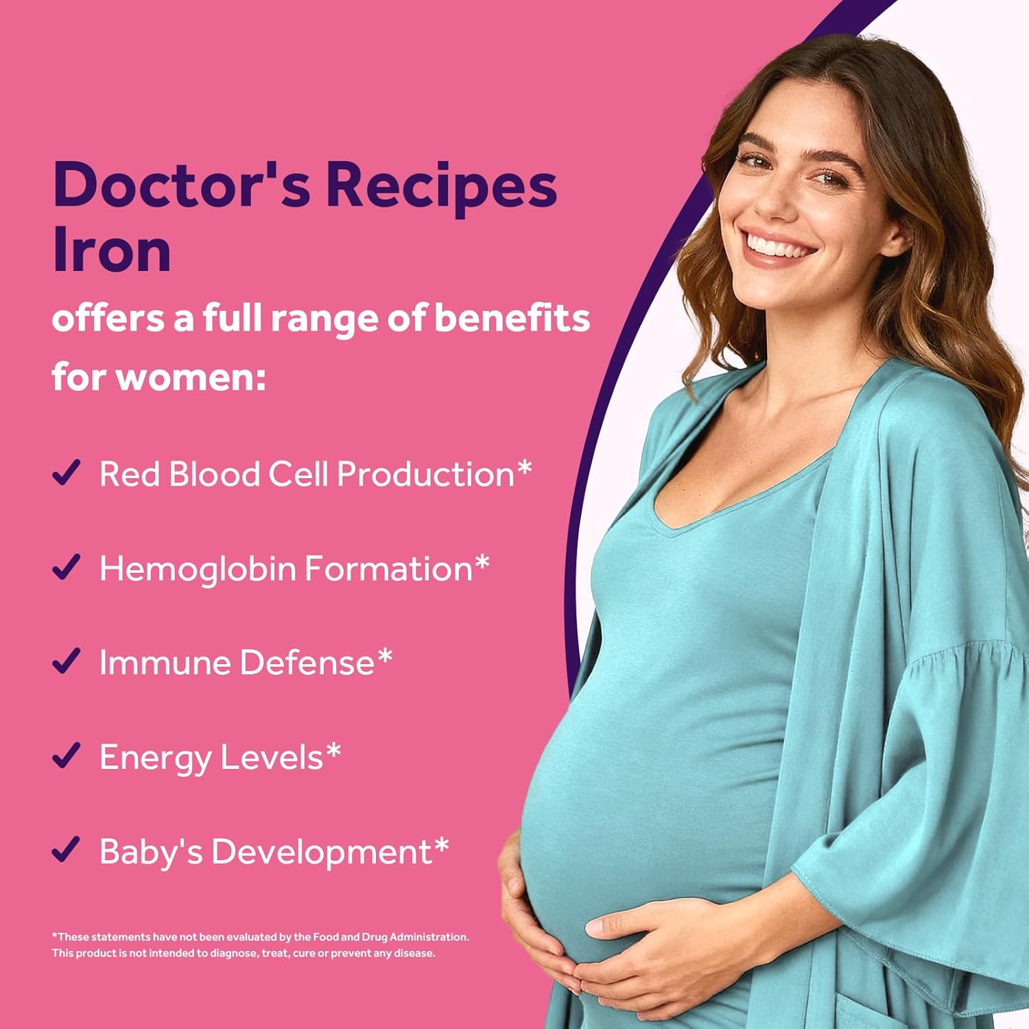 Doctor's Recipes Iron Supplement for Pregnant Women, Chelated Iron Bisglycinate, with Vitamin C for High Absorption, Gentle, Red Blood Cell Production Support, 60 Vegan Caps - Image 3