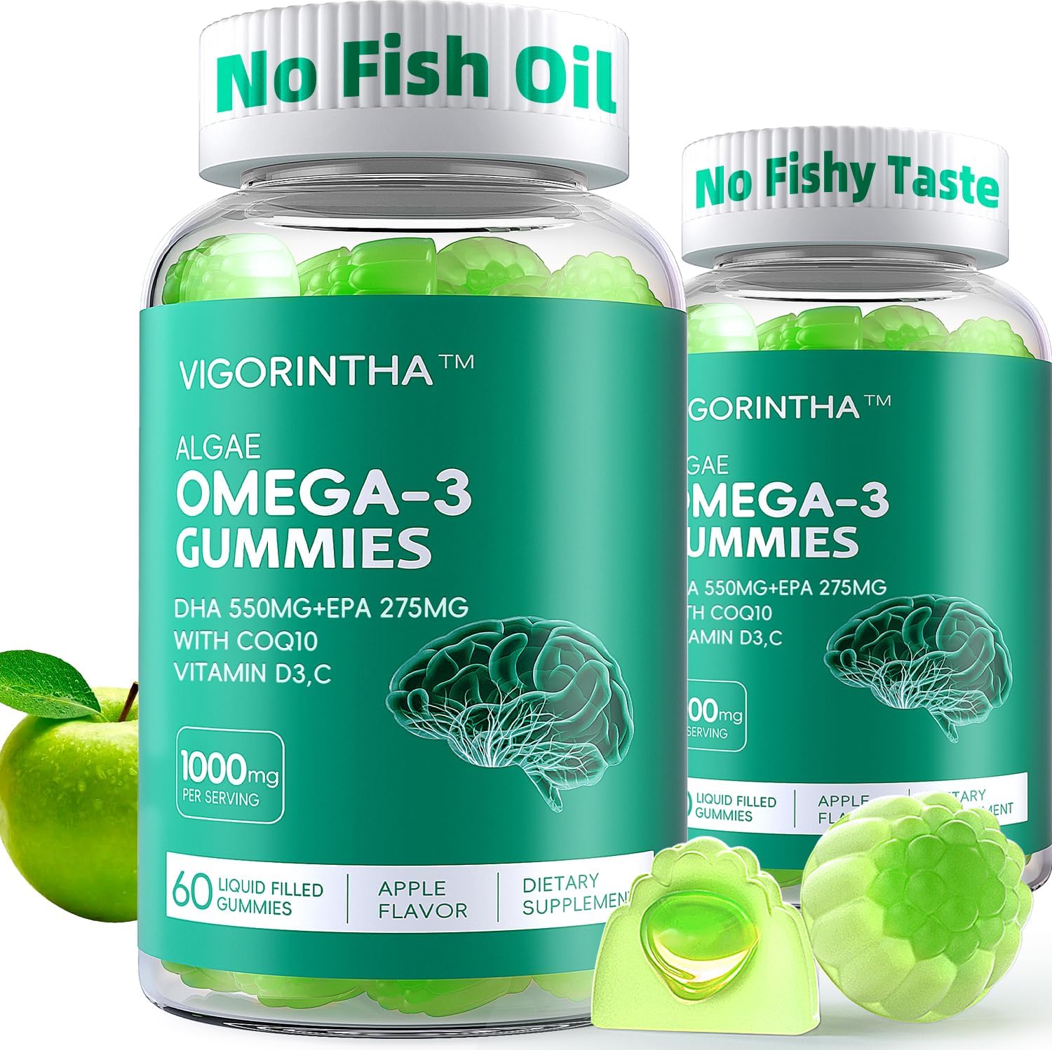 Vegan Omega-3 Algae Oil Supplement with DHA 300mg & EPA 150mg, Plant-Based Omega-3 with Vitamin D3 & K2, Fish-Free Algal Oil Softgels for Men & Women, 2 Pack, 120 Softgels, 60 Day Supply