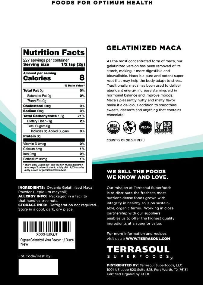 Terrasoul Superfoods Organic Gelatinized Maca Powder, 16 Oz, Hormone Balance, Energy Boost, and Superfood Smoothies with Peruvian Maca Root, Gelatinized for Easy Digestion - Image 2