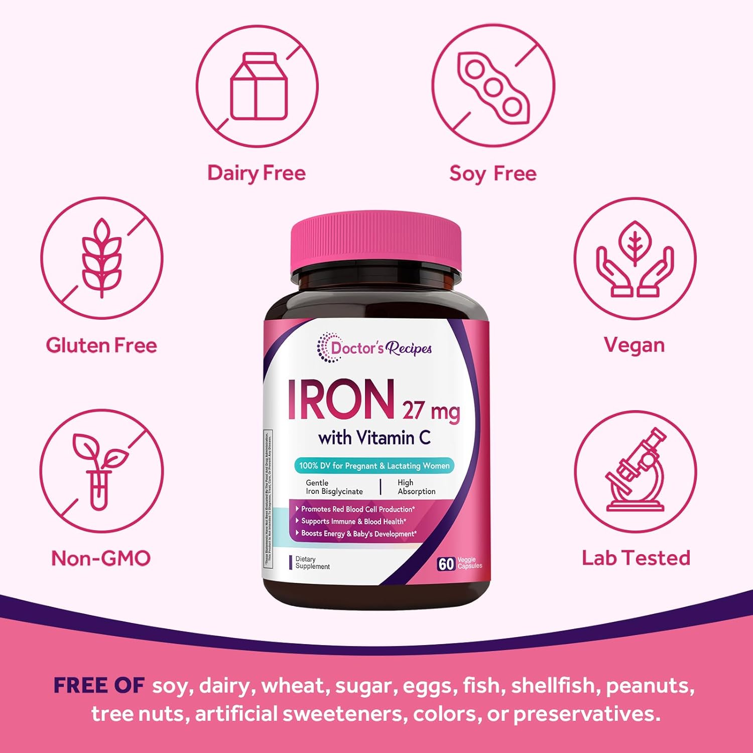 Doctor's Recipes Iron Supplement for Pregnant Women, Chelated Iron Bisglycinate, with Vitamin C for High Absorption, Gentle, Red Blood Cell Production Support, 60 Vegan Caps - Image 5