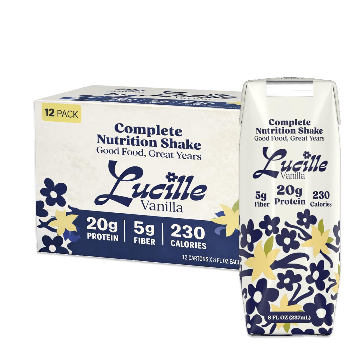 Lucille Complete Nutrition Meal Replacement Shake | Vanilla | 230 Cal, 20g Protein & 5g Fiber | Lactose Free, Gluten Free, No Soy or Seed Oils | Ready to Drink Shake for Adults & Seniors | 8 oz, 12 Pack