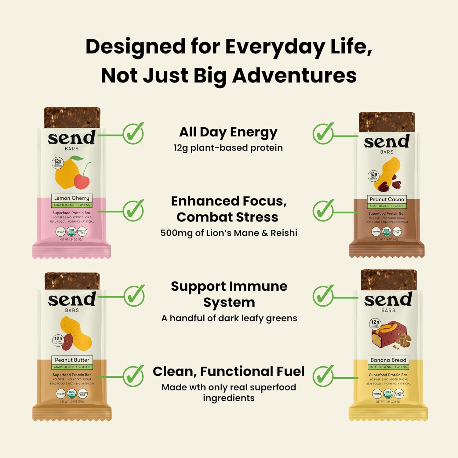 SEND Bars Organic Plant Based, Vegan, Healthy Protein Bars with Greens (Organic Variety Box, 8 Bars) – Only Real Food Ingredients, No Added Sugar, Gluten Free, Dairy Free, Non-GMO, Healthy Snacks - Image 5