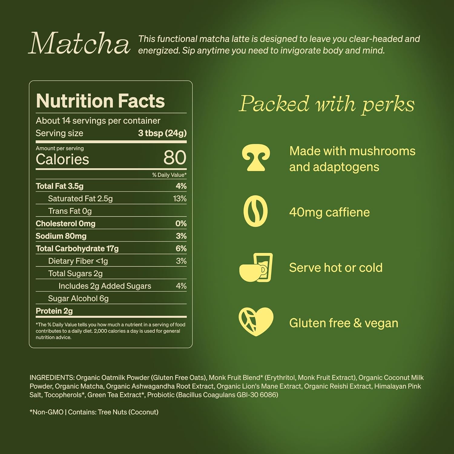Clevr Matcha SuperLatte, Instant Ceremonial Grade, Superfood Powder Blend with Lions Mane, Reishi Mushroom, Coconut Cream, Ashwagandha, Serve Hot or Iced, (14 Lattes) - Image 2