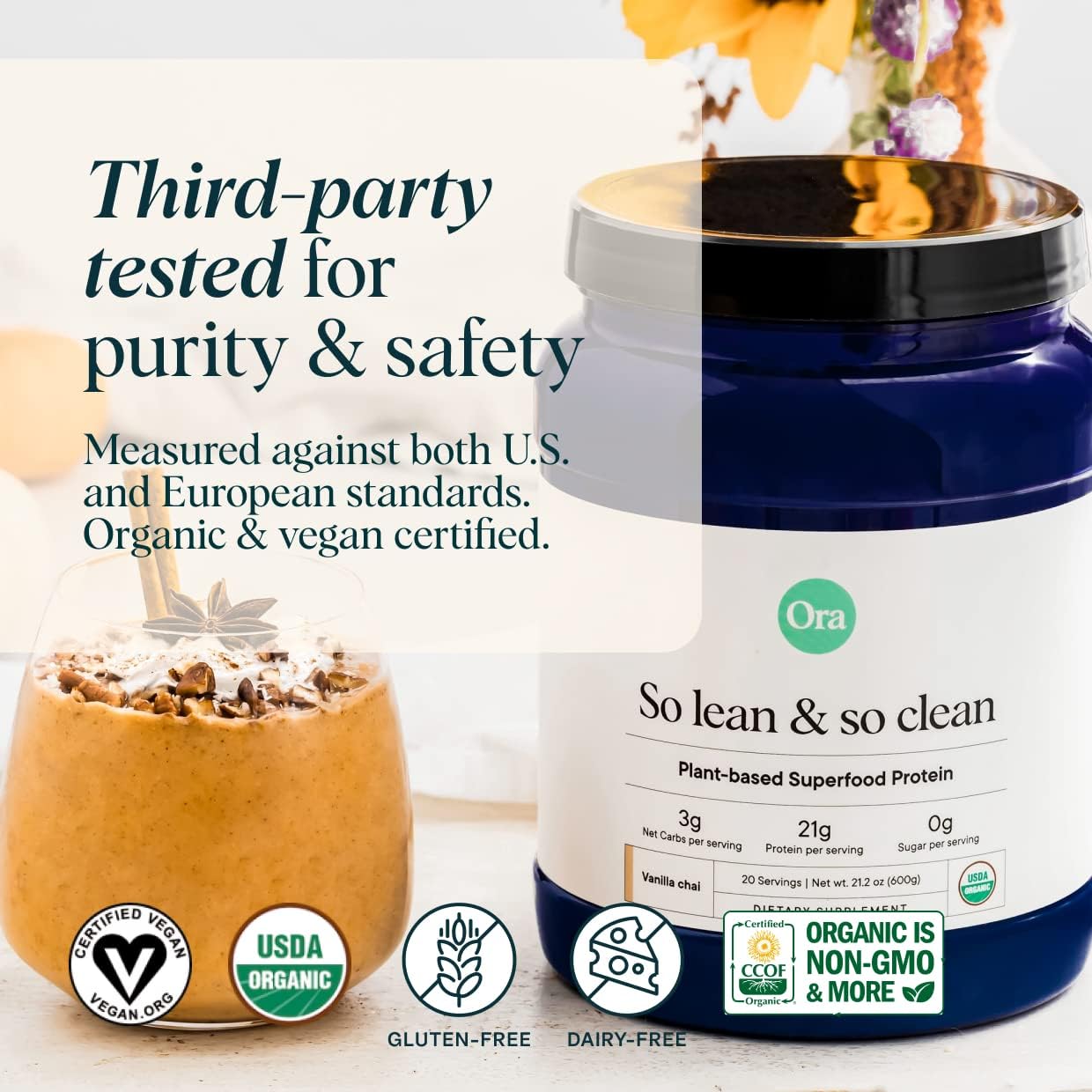 Ora Organic Vegan Protein Powder - 23g Plant-Based Protein Powder for Women and Men | Clean Protein Source, Keto Friendly, Gluten Free, Paleo, Dairy-Free, Soy-Free - Vanilla Chai - 20 Servings - Image 2
