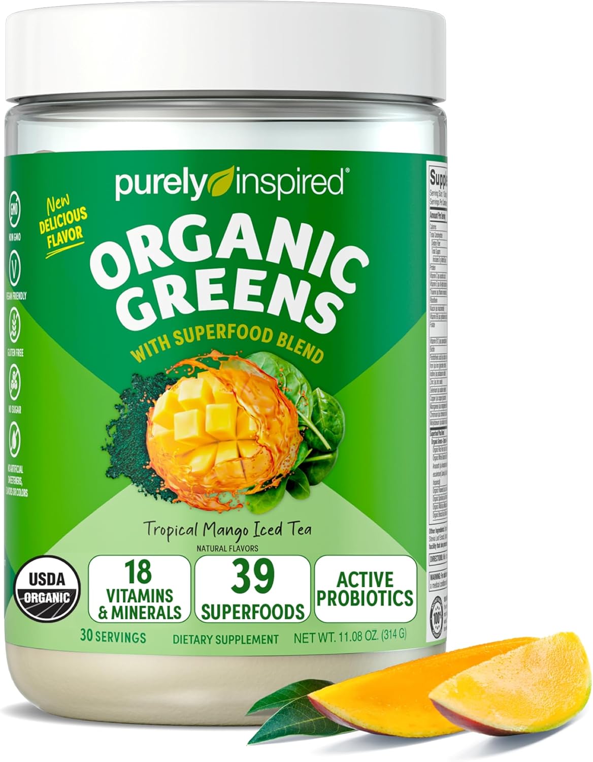 Purely Inspired Organic Green Powder Smoothie Mix, Tropical Mango Iced Tea Flavor (30 Servings) - Probiotics for Digestive Health with Spirulina & Chlorella for Gut Health - Vegan