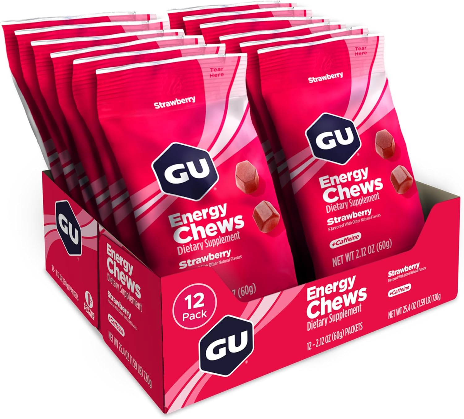 GU Energy Chews, Strawberry Energy Gummies with Electrolytes, Vegan, Gluten-Free, Kosher, 20 mg of Caffeine, and Dairy-Free On-the-Go Energy for Any Workout, 12 Bags (24 Servings Total) - Image 2