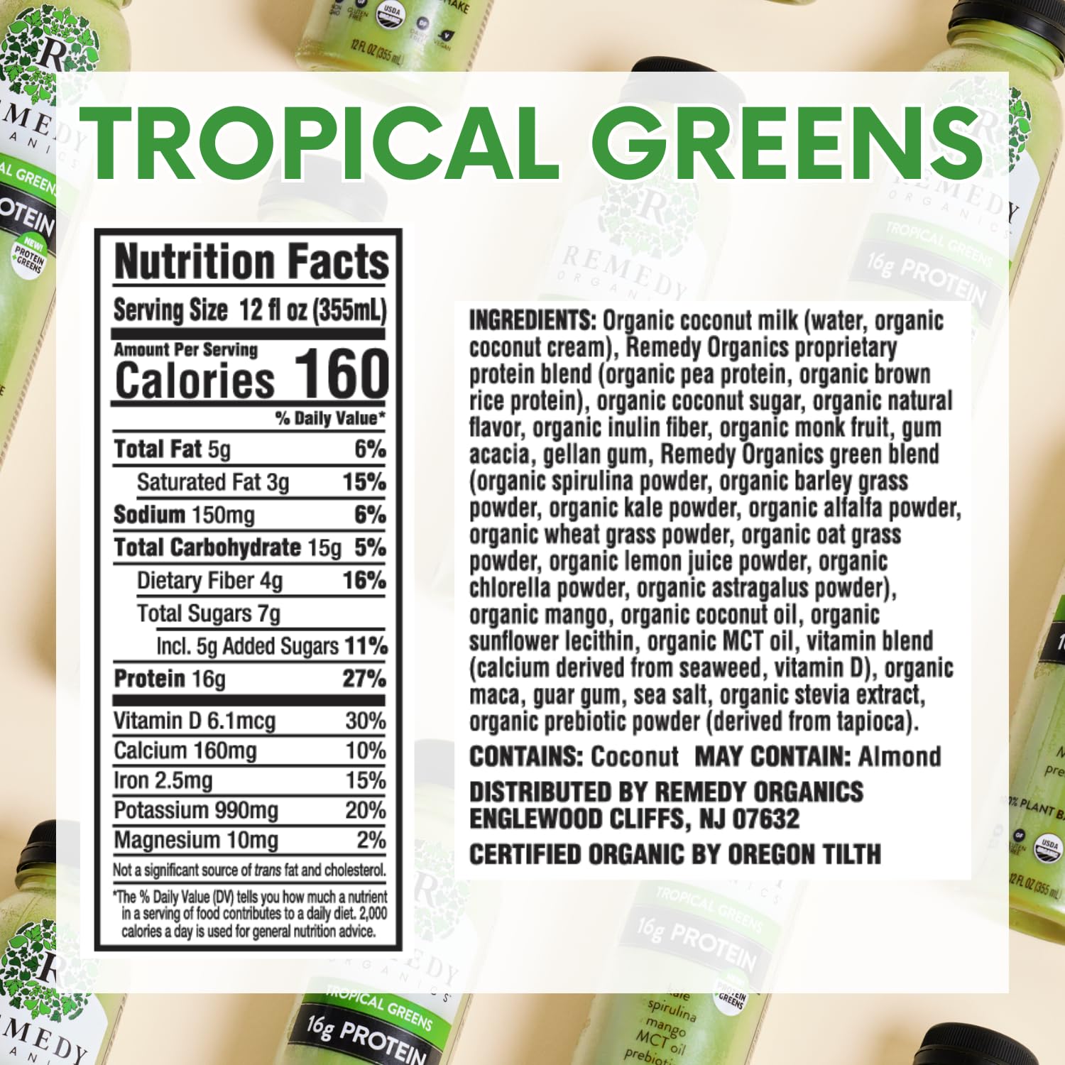 Remedy Organics Tropical Greens 12-Pack | Plant Based 16g Protein Shakes, Ready to Drink | USDA Organic, Gluten Free, Dairy Free, Soy Free - Image 2