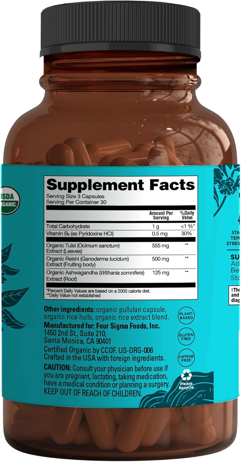 Four Sigmatic Calm Capsules | Vegan Stress Relief Supplement to Promote Positive Mood with Organic Ashwagandha Powder, Organic Reishi Mushroom, Tulsi (Holy Basil Extract), Vitamin B6 | 30 Servings - Image 2