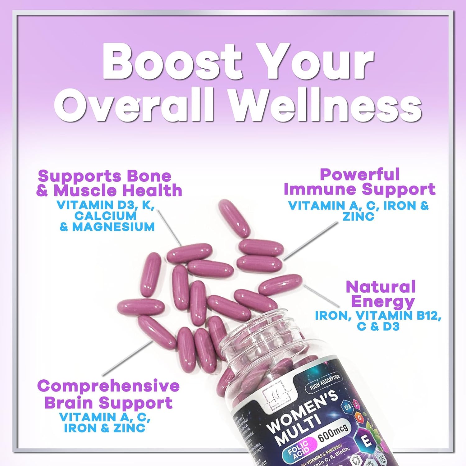 Multivitamin For Women - Complete Daily Woman's Multivitamins with Biotin, Calcium, Folic Acid, Iron, Zinc, Vitamin A, C, D, E & B Vitamins, Women's Hair Skin and Nails Supplements - 60 Softgels - Image 5