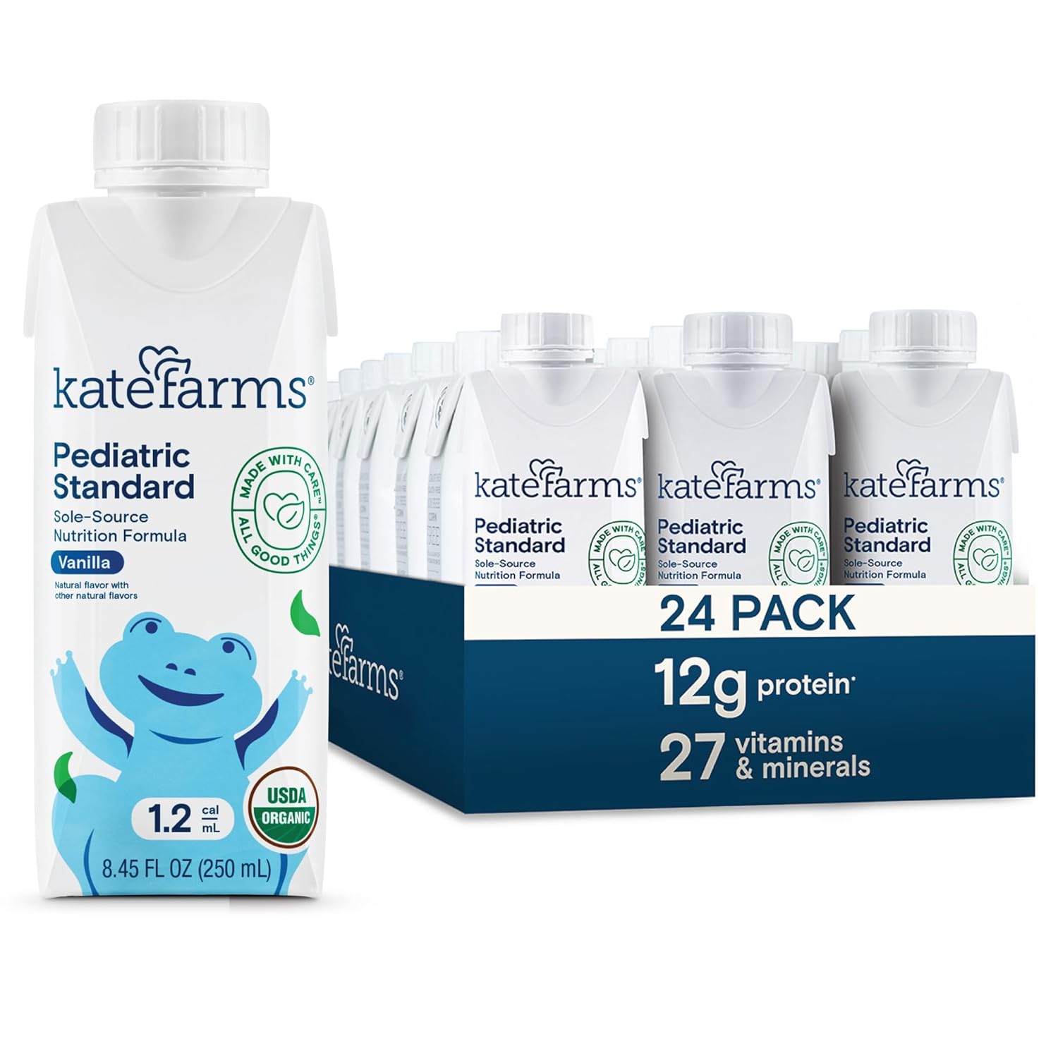 KATE FARMS Organic Plant Based Pediatric 1.2 Sole Source Vanilla Nutrition Shake,12g of protein,27 Vitamins and Minerals,Meal Replacement Drink for Kids,Non-GMO,8.45 Fl oz,(Pack of 24)
