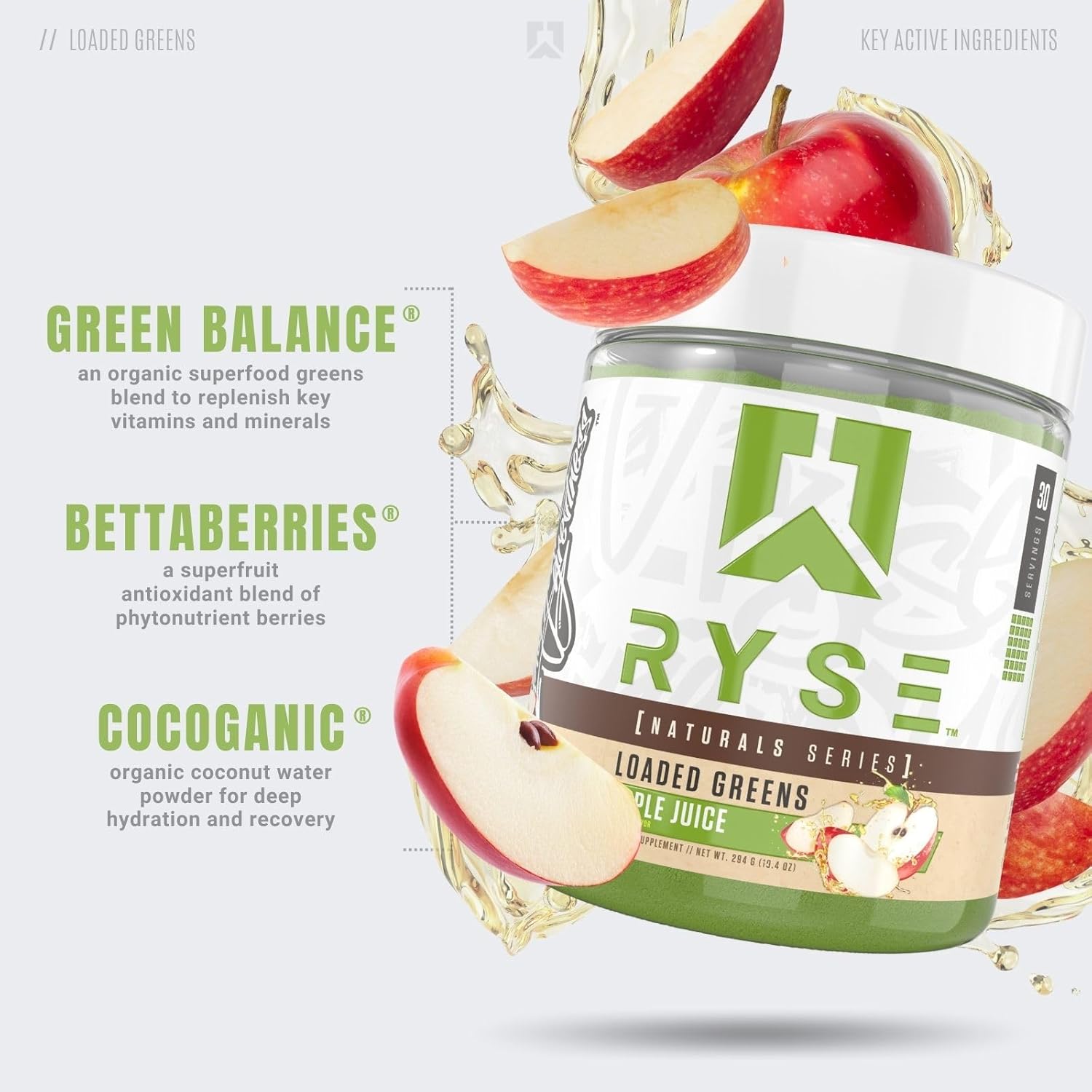 RYSE Loaded Greens Superfood Powder - Apple Juice - Daily Supplement with Greens Balance, BettaBerries & Sukre Fiber - Supports Digestion, Immunity & Energy - No Artificial Sweeteners - 30 Servings - Image 3