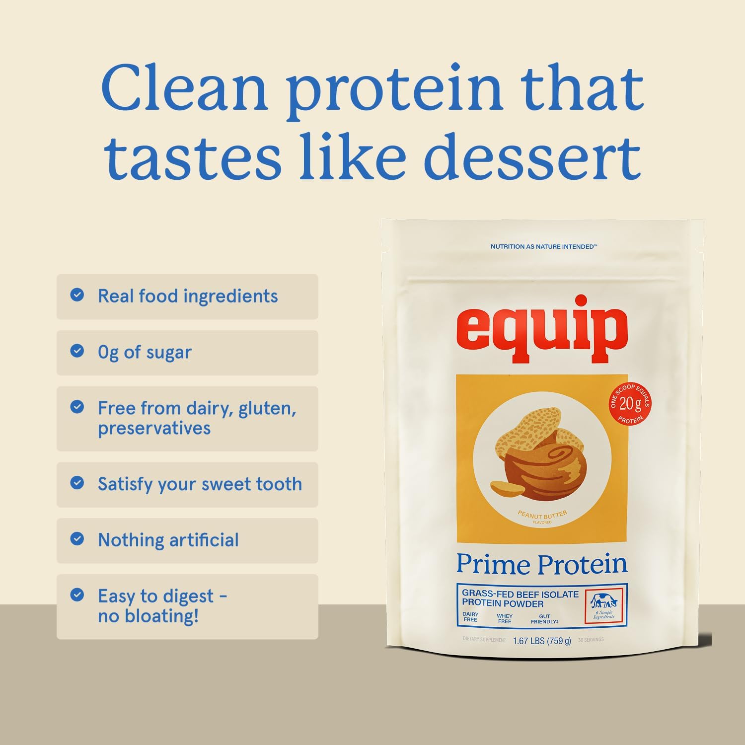 Equip Foods Prime Protein Powder | Clean, Grass Fed Beef Protein Powder for Women & Men | Carnivore Protein Isolate | Paleo, Keto Friendly | Gluten & Dairy Free | 30 Servings, Peanut Butter - Image 4