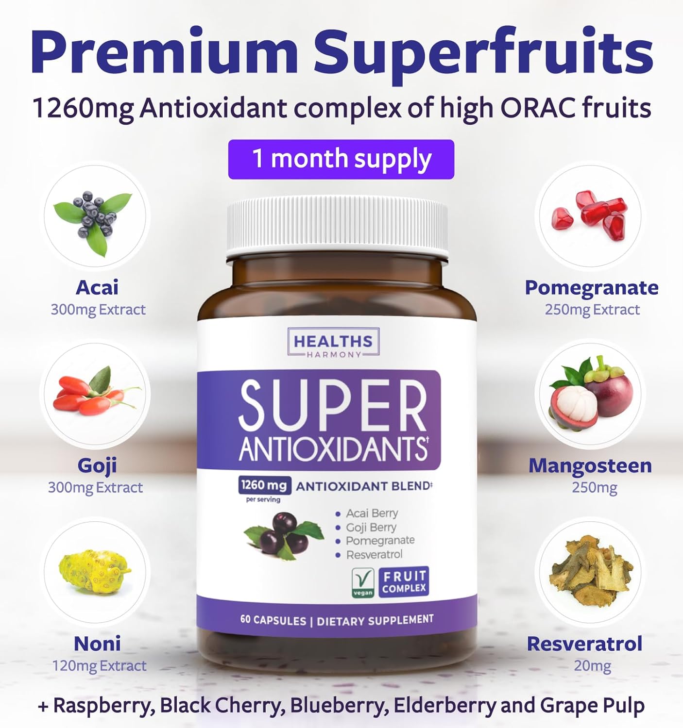 Super Antioxidants Supplement for Women & Men - High Potency Herbal & Fruit Blend with Acai, Goji, Pomegranate, Elderberry & Resveratrol for Skin Care & Immune Support - Vegan & Non-GMO - 60 Capsules - Image 2