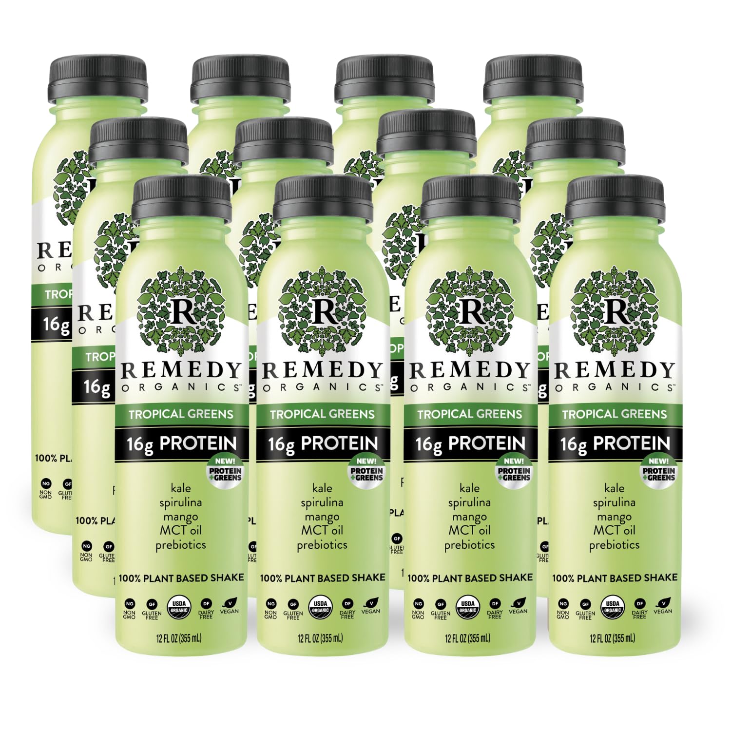 Remedy Organics Tropical Greens 12-Pack | Plant Based 16g Protein Shakes, Ready to Drink | USDA Organic, Gluten Free, Dairy Free, Soy Free