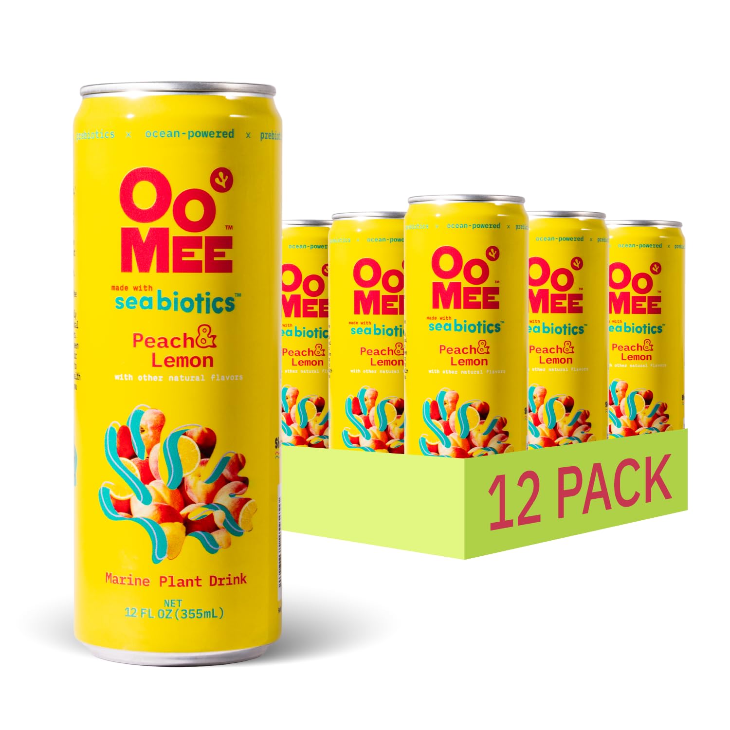 OoMee Prebiotic Drink | Peach & Lemon | Plant-Based Vegan Beverage with Marine-Sourced Agar Prebiotics (Seabiotics) for Digestive & Gut Health Functional Drink – 12oz Cans, 12-Pack