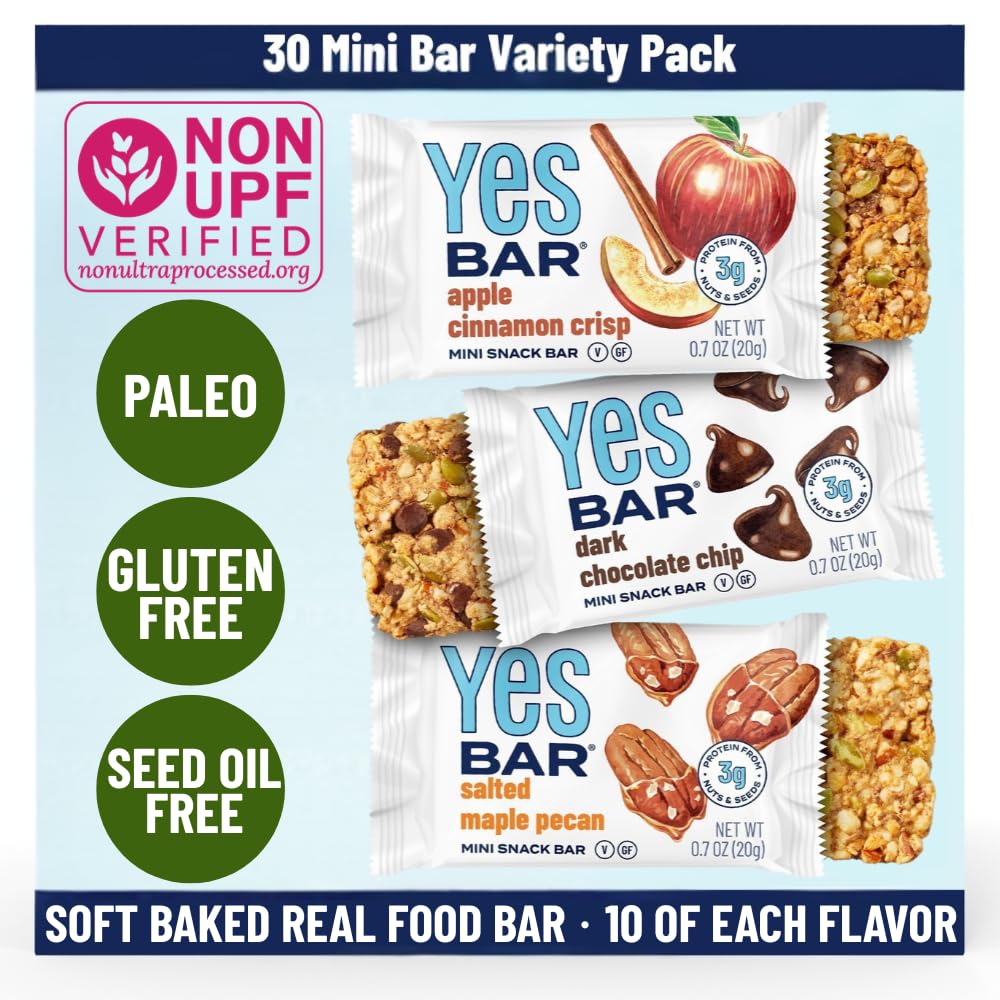 NEW! YES Nut Bar Minis - Variety Pack - Soft Chewy Healthy Snack Bars Made with Organic Maple Syrup – Vegan, Paleo, Gluten Free, No Refined Sugar, Dairy Free, Plant Based, Low Sugar - 30 Count