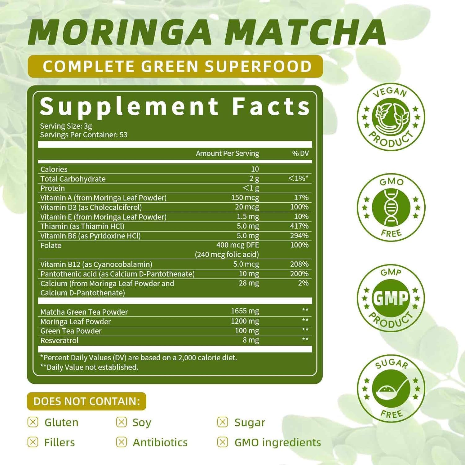 Catfit Matcha Powder with Moringa, Green Tea and Resveratrol, 4-in-1 Superfood for Energy, Immune, Digestion and Antioxidant Support, Vegan, Gluten-Free, 5.64 oz - Image 2