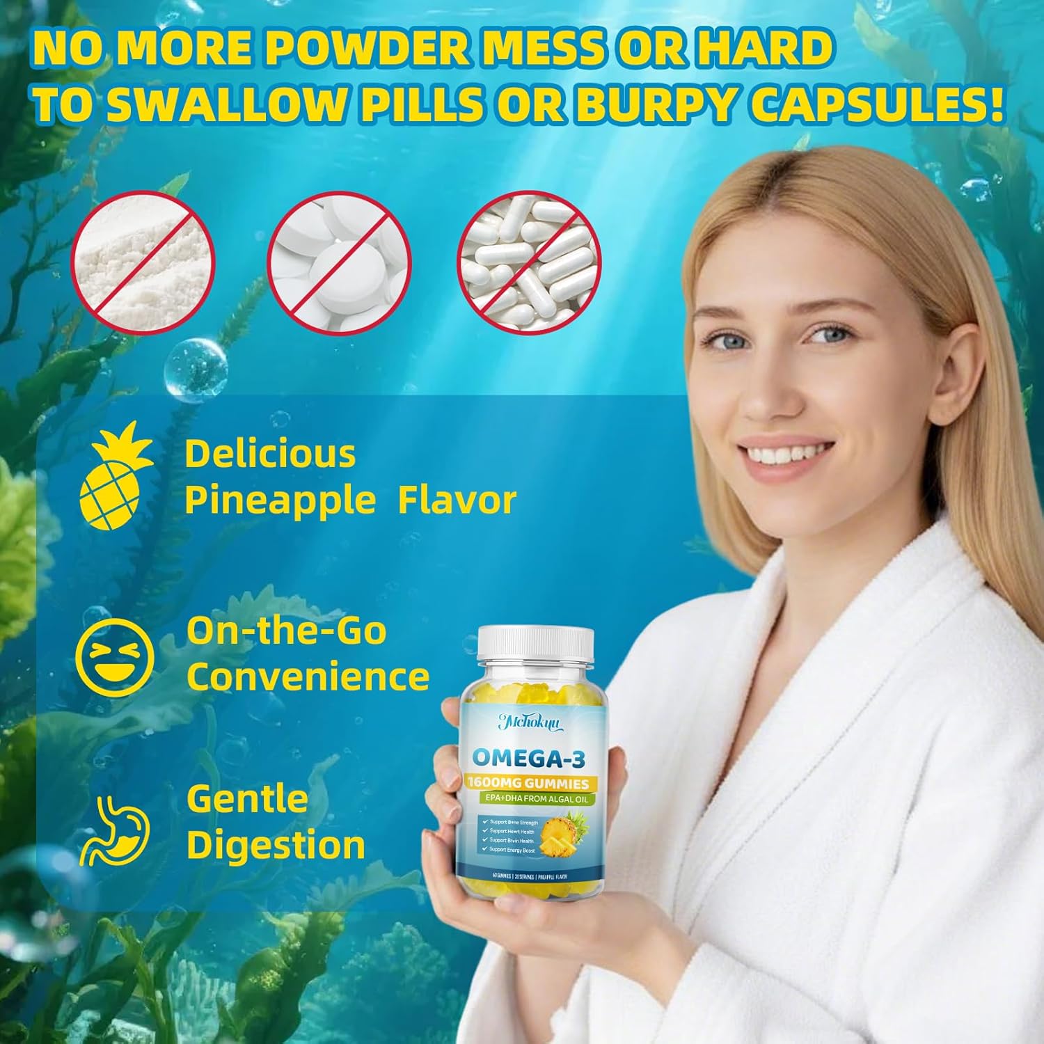 Vegan Omega-3 Gummies 1600mg EPA & DHA from Algal Oil, Fish Oil Alternative for Adults & Kids, Omega 3 Supplement with Vitamin D3 K2 for Brain, Eye & Immune Health Sugar Free Pineapple, 60 Count - Image 5