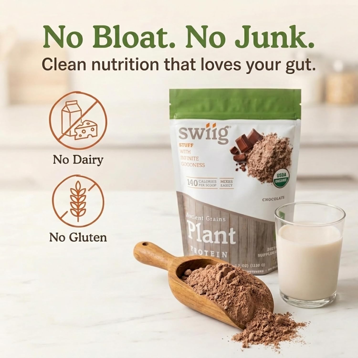 swiig Organic Plant Protein Powder – Vegan Plant Based Protein, Ancient Grains Protein Blend, 20g Protein, Gluten-Free, Dairy-Free, Non-GMO, Easy to Digest, Rich Chocolate, 2.7 lb - Image 3
