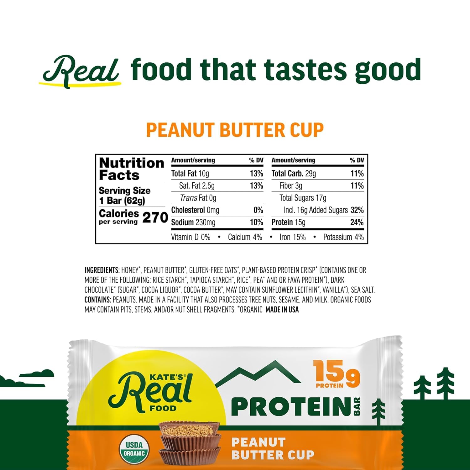 Kate’s Real Food Organic Protein Bars – (Peanut Butter Cup, 2.2 oz, Pack of 12) – Plant Based Protein Bars - Gluten Free, Soy Free, Non GMO, Whole Grains, and All Natural - Image 2