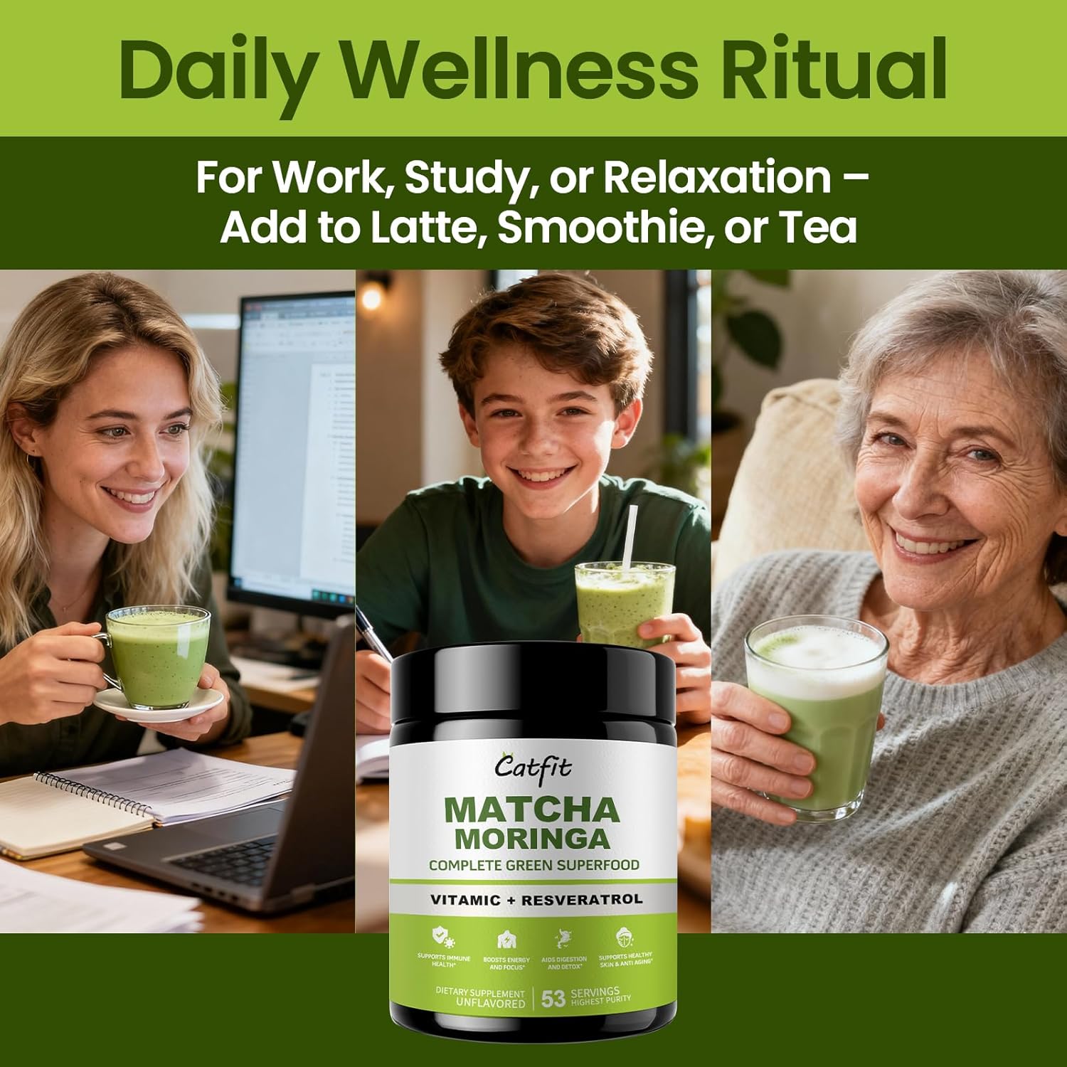 Catfit Matcha Powder with Moringa, Green Tea and Resveratrol, 4-in-1 Superfood for Energy, Immune, Digestion and Antioxidant Support, Vegan, Gluten-Free, 5.64 oz - Image 8