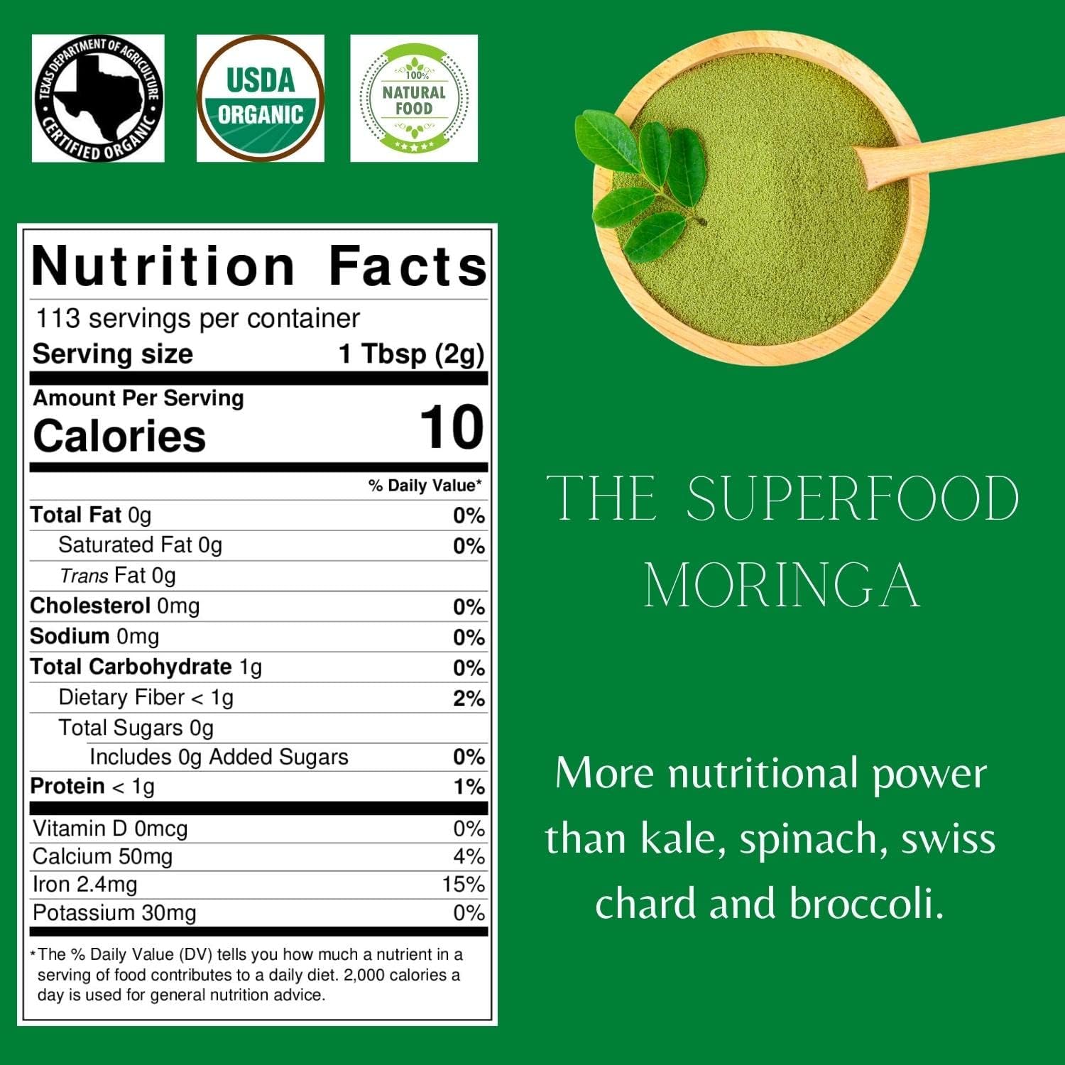 Organic Moringa Leaf Powder – USDA Certified Green Superfood | Natural Energy & Immune Support – Vegan, Non-GMO, Gluten-Free – Pure Raw Moringa for Smoothies, Teas, Cooking – 8oz Resealable Pouch - Image 2