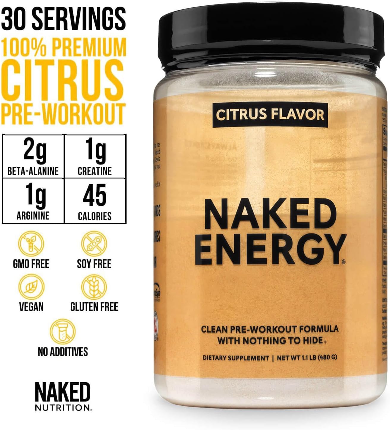 NAKED Citrus Energy - Citrus Flavored Clean Pre Workout Supplement for Men and Women, NSF Certified, Vegan Friendly, No Added Sweeteners, Colors Or Flavors - 30 Servings - Image 2