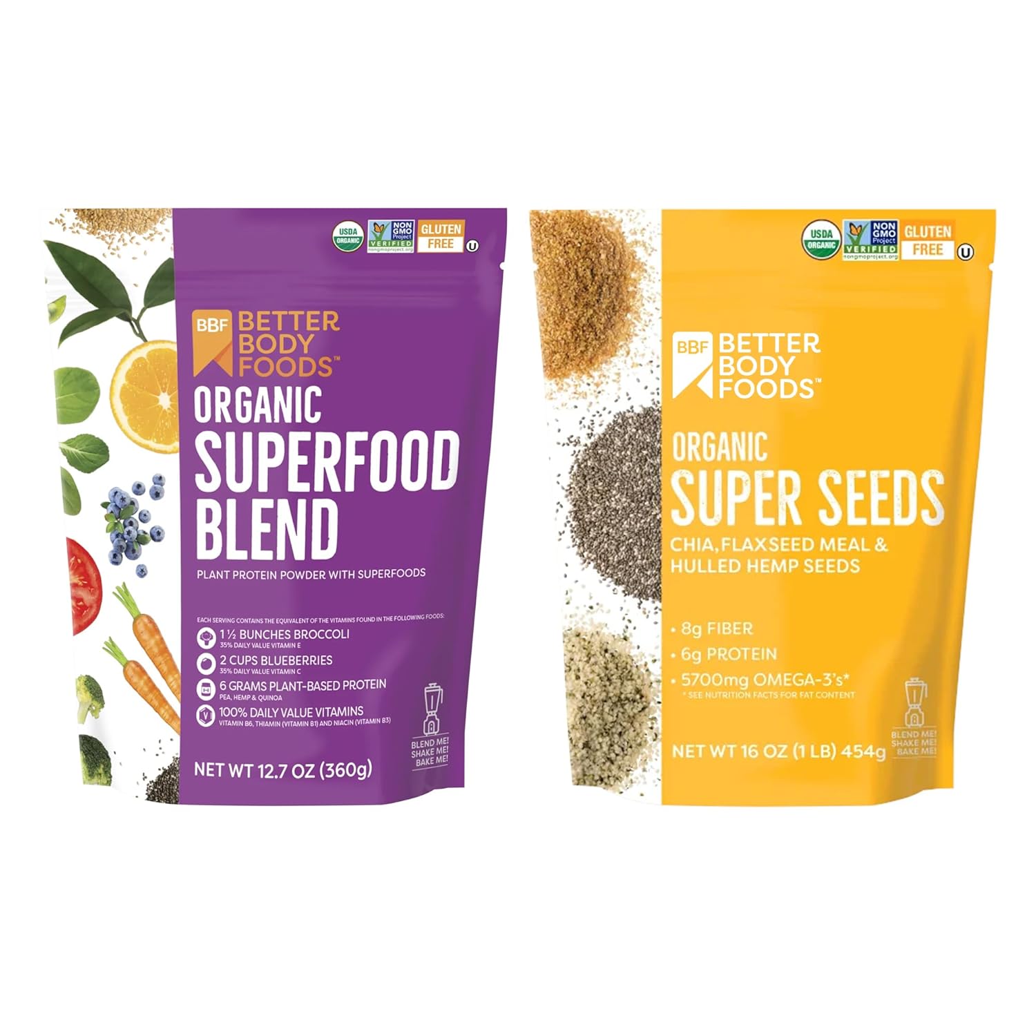 BetterBody Foods Organic Superfood Powder, 12.7 oz Superfood Organic Super Seeds - Blend of Organic Chia Seeds, Milled Flax Seed, Hemp Hearts, 16 oz