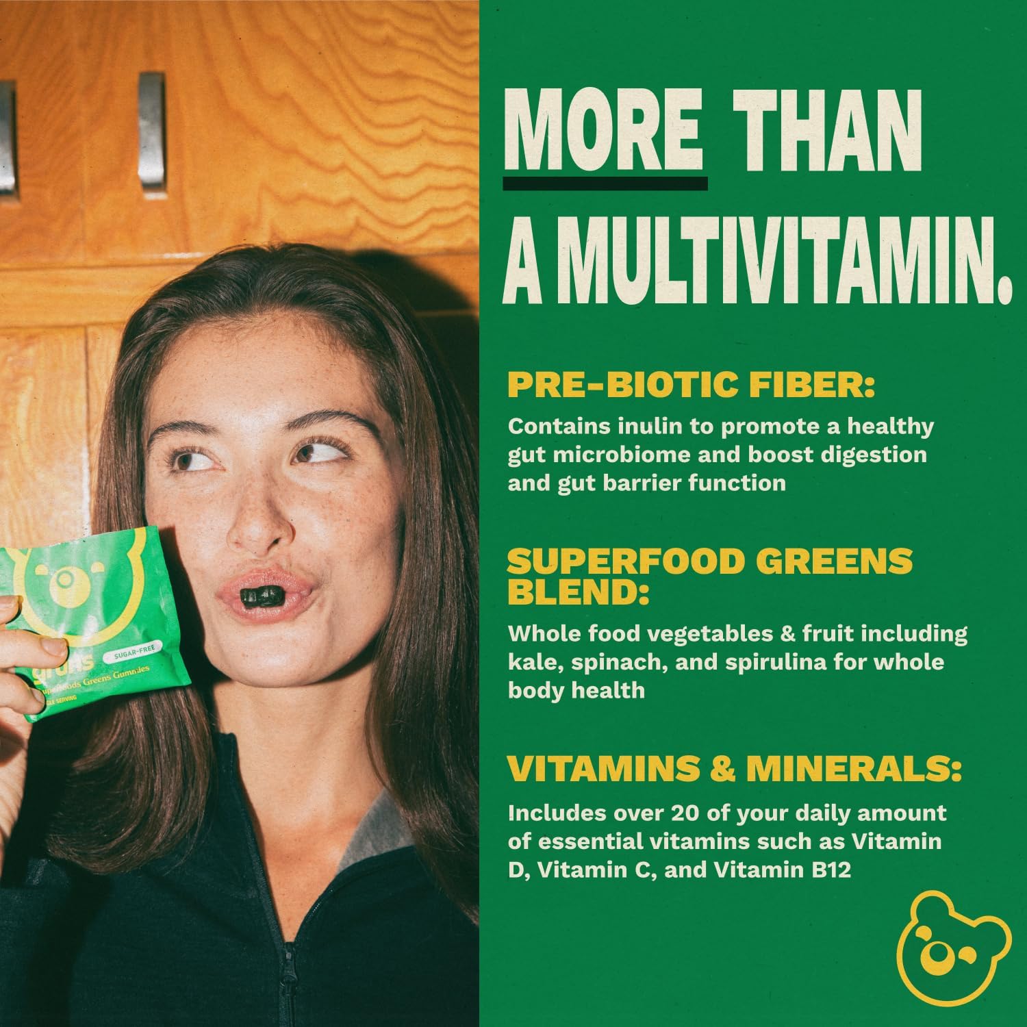 Gruns Adult Sugar-Free Super Greens Multivitamin Gummies, Superfood Gummy Vitamins for Women and Men with Spirulina, Chlorella, Adaptogens & Prebiotic Fiber for Digestive Health (28 Count) - Image 4