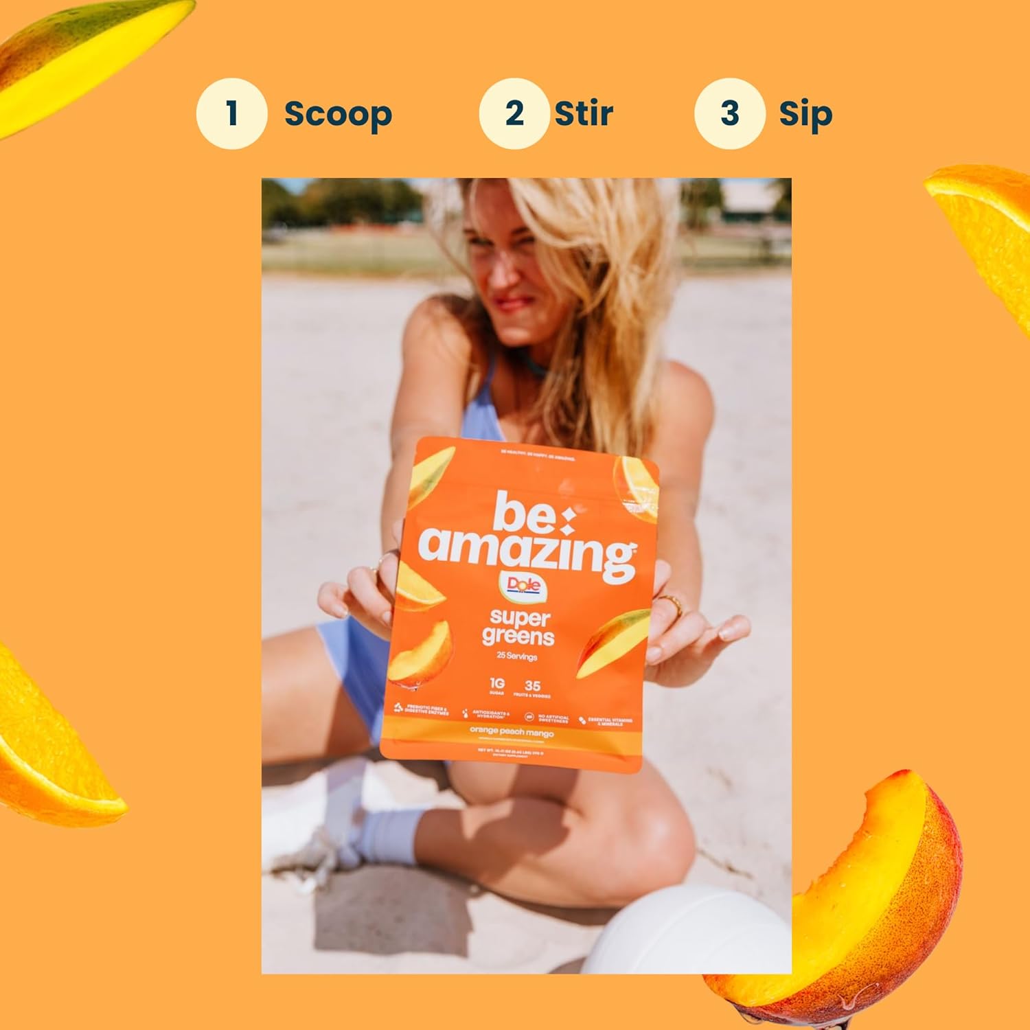 BE AMAZING Super Greens Powder with Prebiotics, Digestive Enzymes & Antioxidants, 35 Fruits & Veggies, Electrolytes & Fiber, Vegan, Gluten Free Juice & Smoothie Mix, Dole Orange Peach Mango, 25 Serv - Image 4