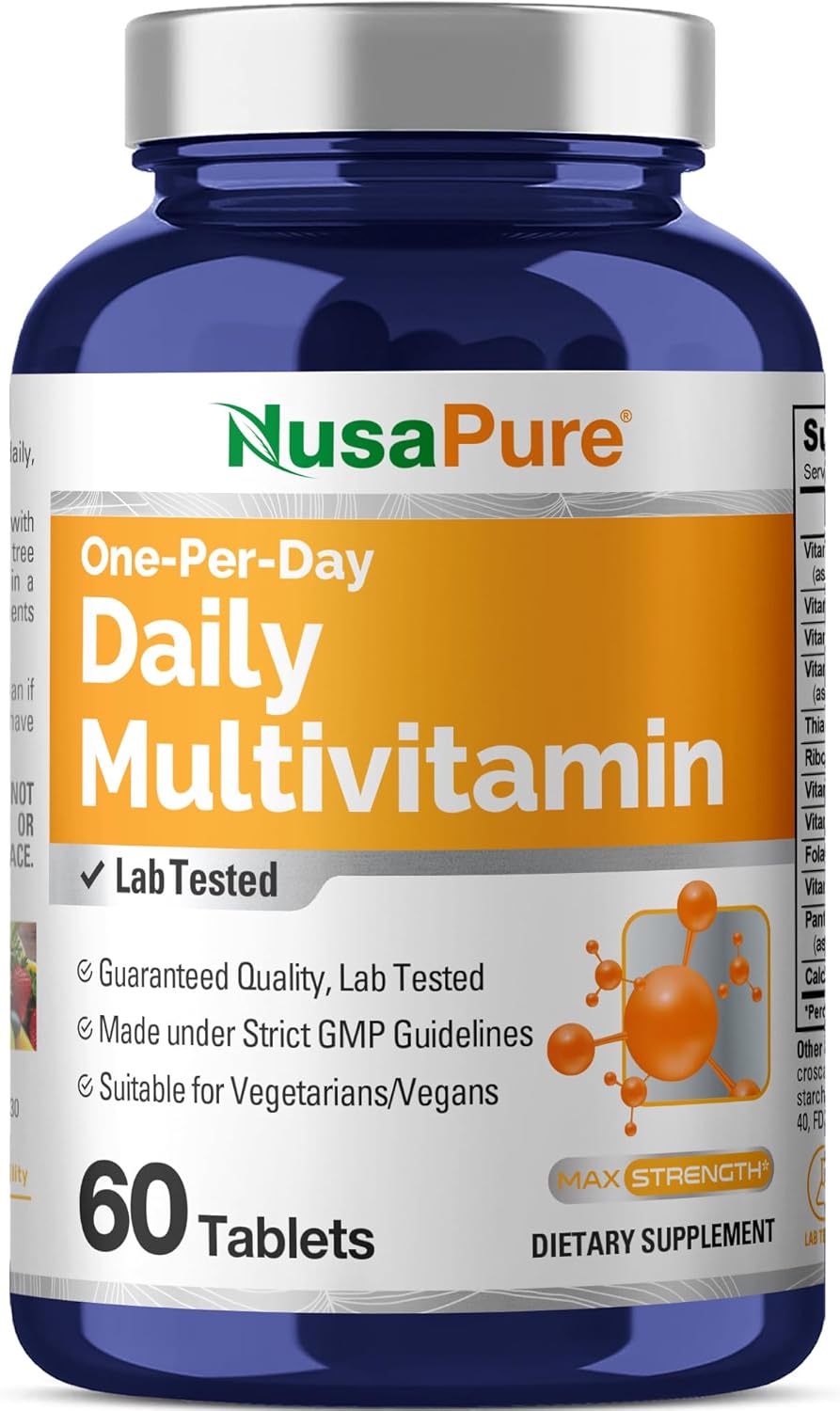 NusaPure Daily Multivitamin with Vegetable Magnesium Stearate - Suitable for Vegetarian/Vegan, Non-GMO - 60 Tablets